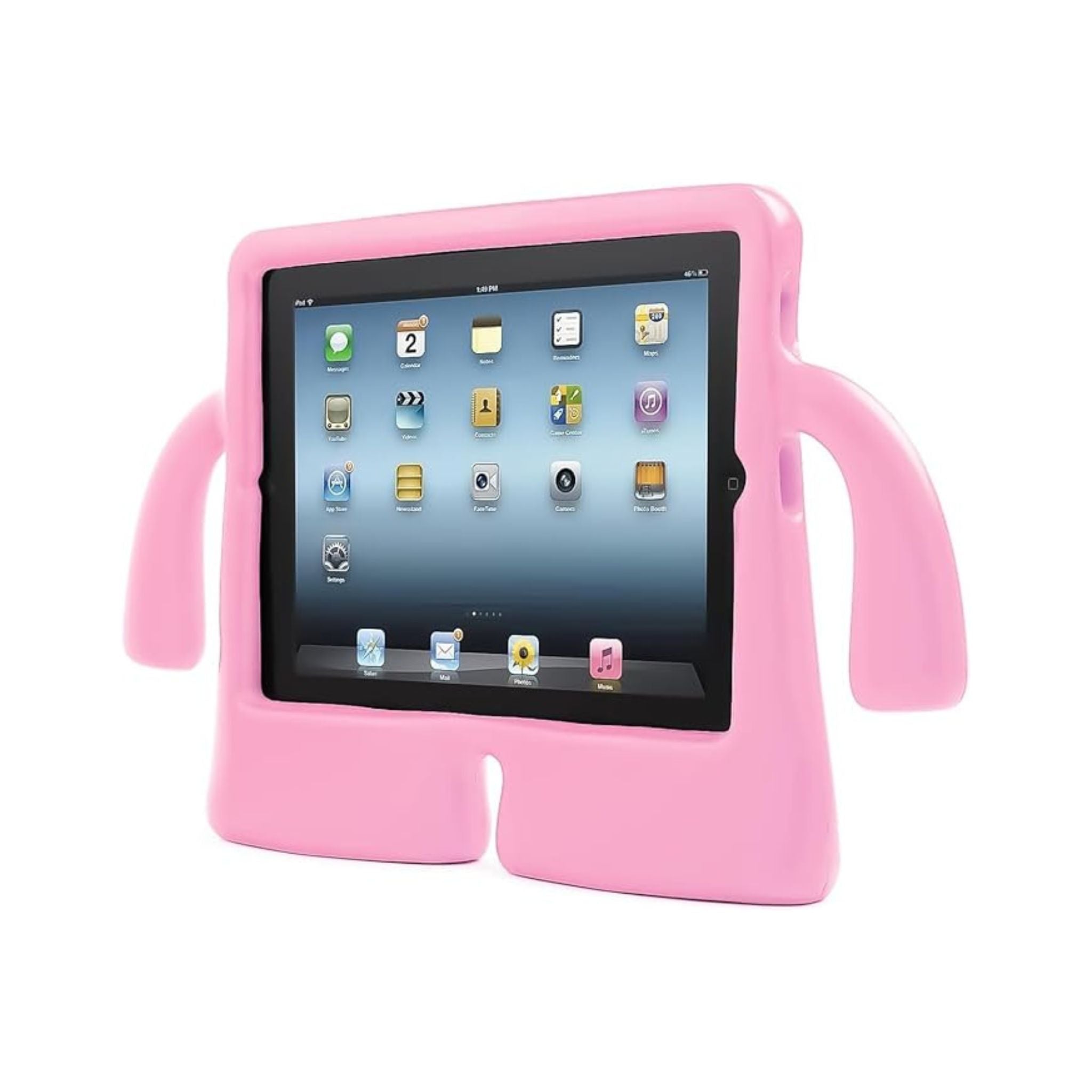 Pink tablet stand with a tablet on a white background