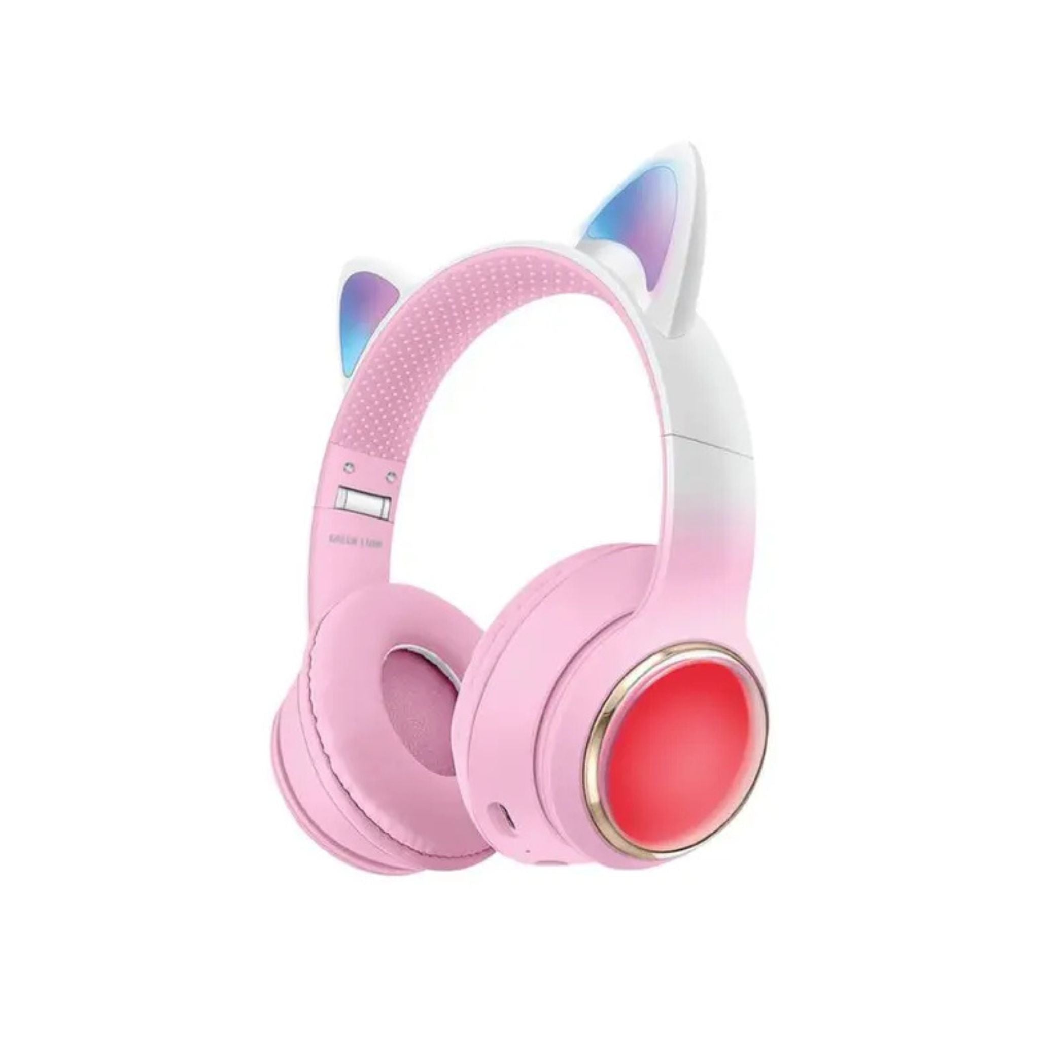 A pair of pink kids' wireless headphones with a cat-like ear design and a red light ring on the outside.
