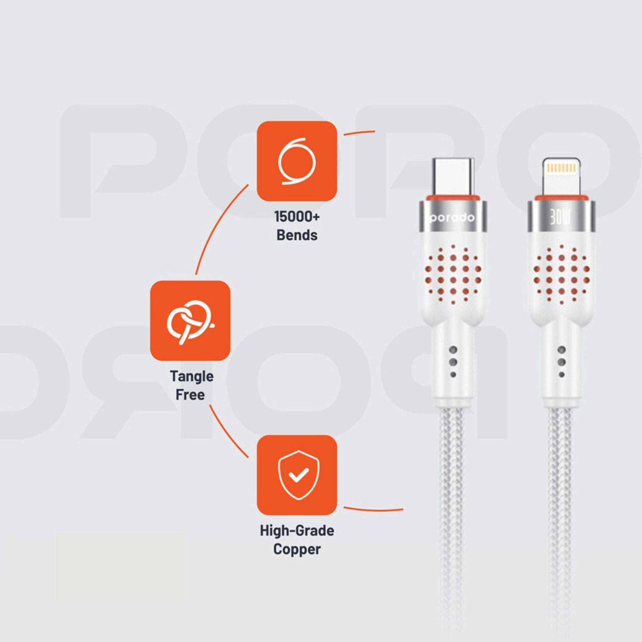 Porodo Braided Type-C to Lightning Cable with 30W Power Delivery, 1.2m Cable Length, 480Mbps Transfer Speed, More than 15,000 Bends Lifespan, Tangle-Free Design - White