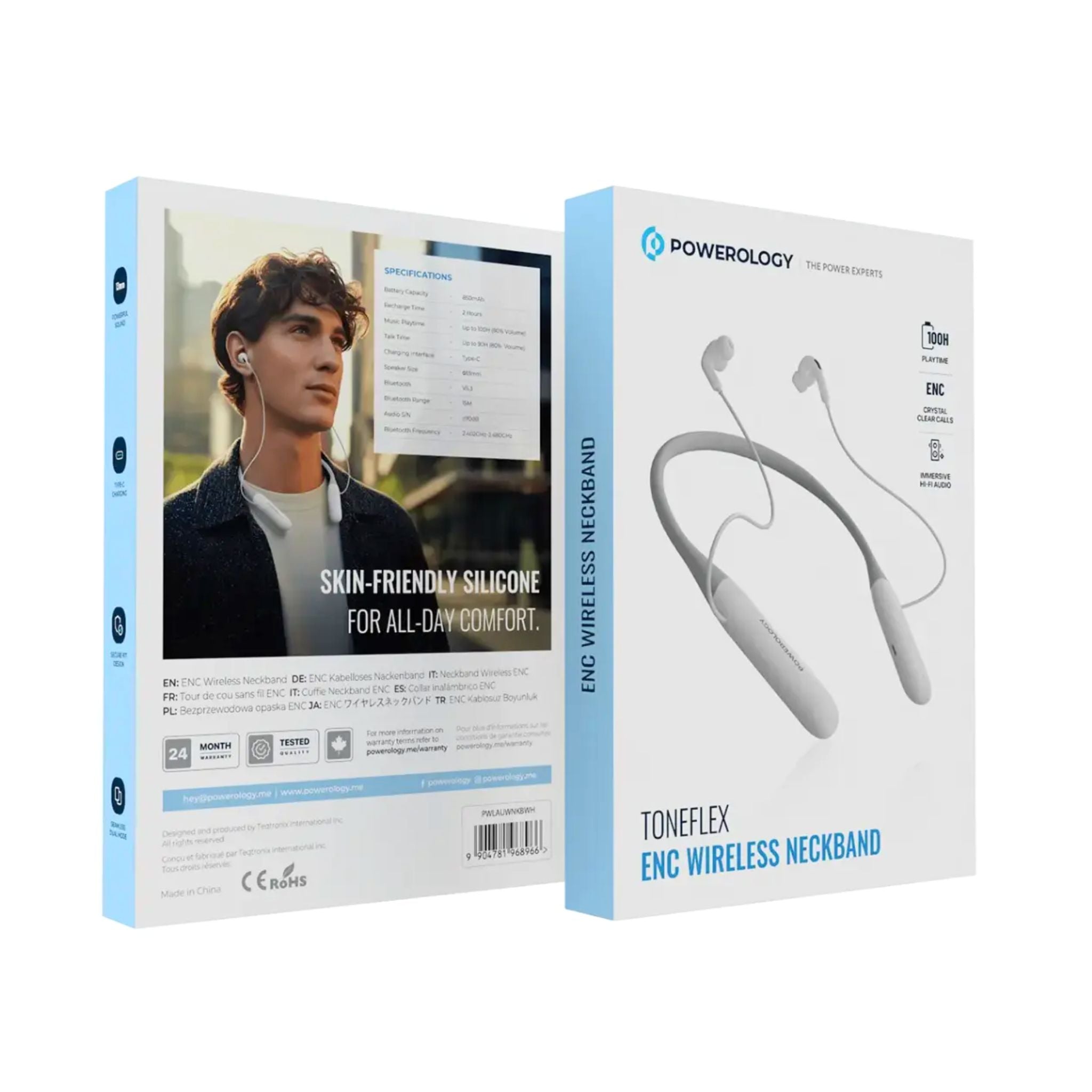Powerology ToneFlex ENC Wireless Neckband Earphones with Immersive Hi-Fi Audio, Up to 90 Hours Talk Time & Up to 100 Hours Play Time, 850mAh Battery, 13mm Speaker Size, Seamless Dual-Mode, Secure-Fit Design - White