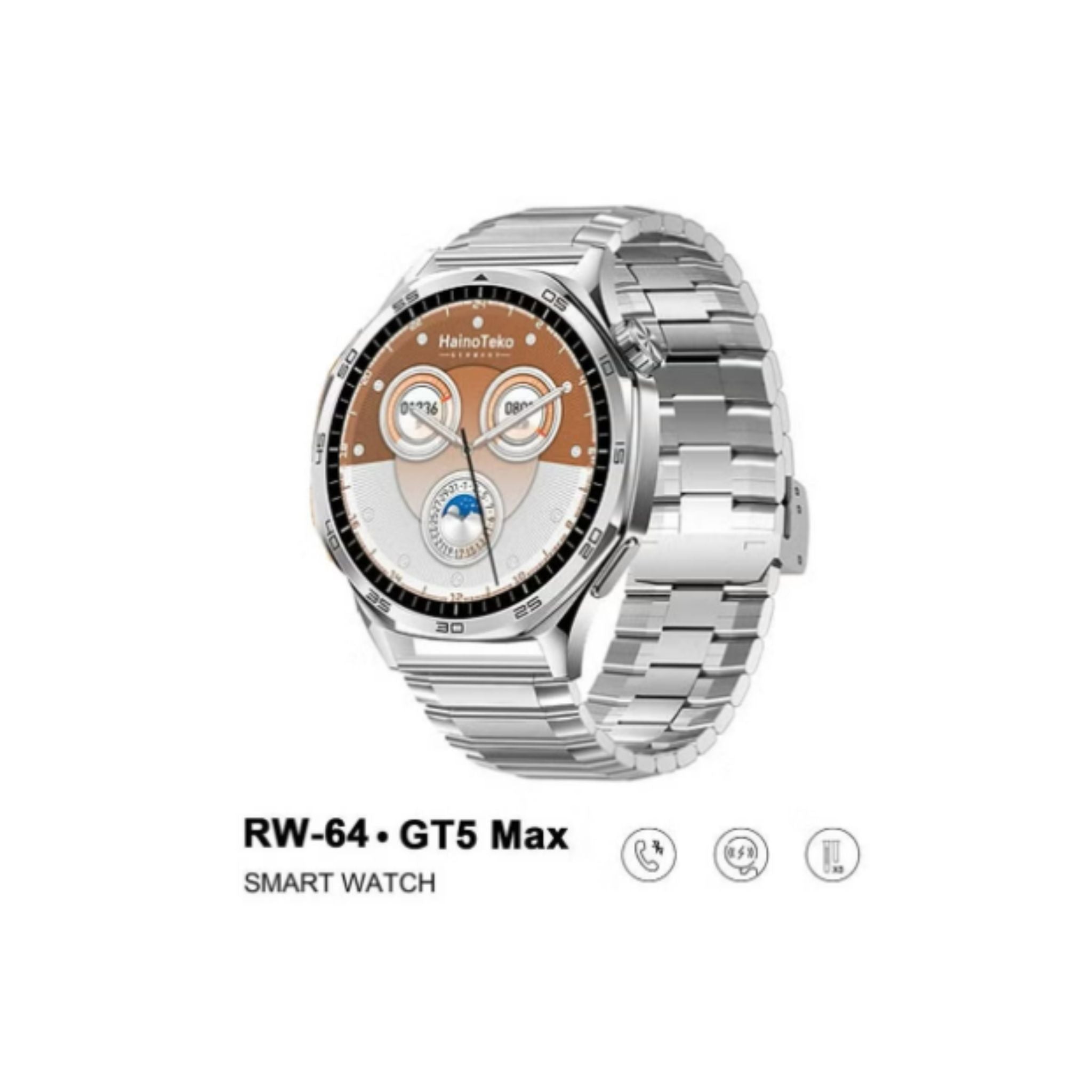 Haino Teko RW-64 GT5 Max Smartwatch with Large AMOLED Display, Voice Assistant, 3 Pair Straps – Stylish and Functional Smartwatch for Men- Silver