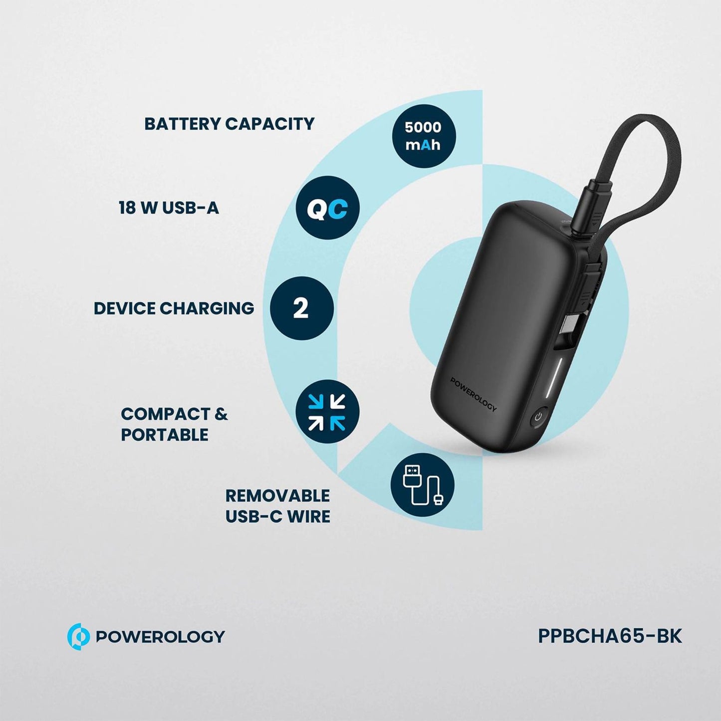 Powerology 5000mAh Power Bank with Removable USB-C Wire, Advanced Charging Technology, 2-Device Charging, Compact & Portable, Built-in Safeguards, 20W Power Delivery - Black