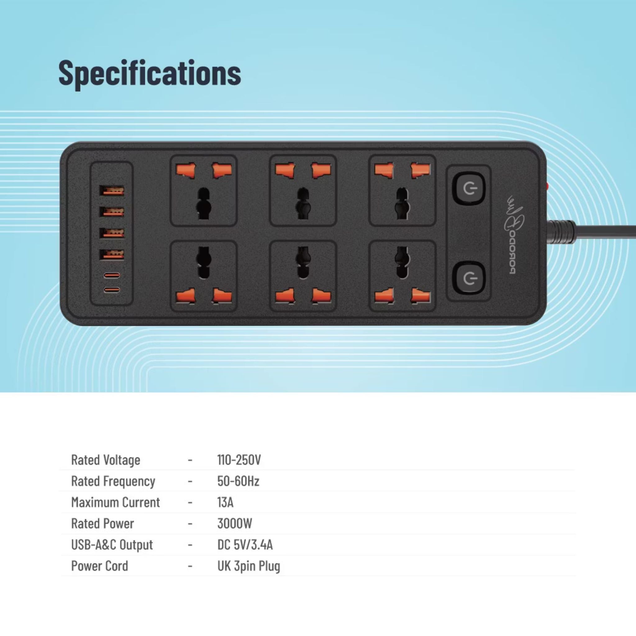 Porodo 6 AC Sockets Power Strip with ×4 USB-A & ×2 USB-C Ports, 3000W Rated Power, Premium Material, 3m Cable Length, UK 3-Pin Power Plug, Dual Power Switch Control, Safety Shutter, 13A Maximum Current - Black
