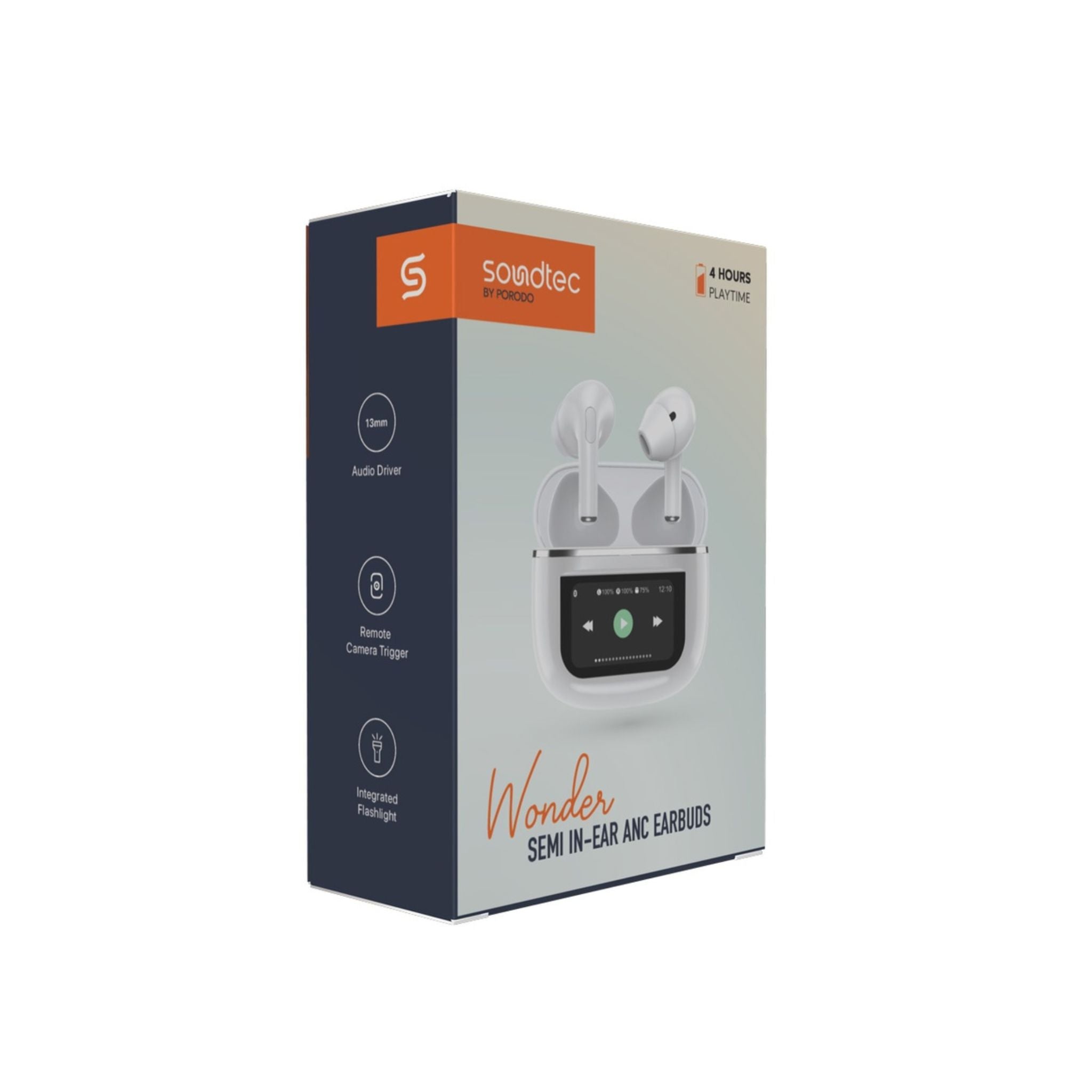 Porodo Soundtec Wonder TWS ANC Earphone with Touch Screen, Lightweight & Compact, Bluetooth V5.4, Remote Camera Trigger, Integrated Flashlight - White
