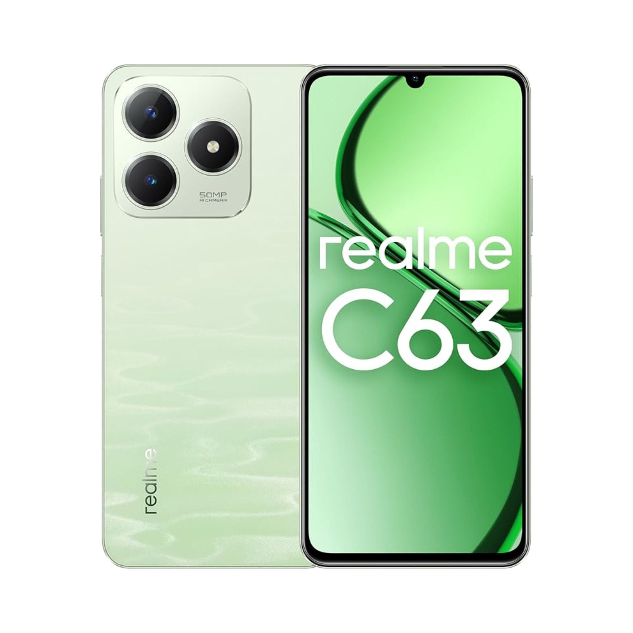 Green Realme C63 smartphone showing front and back on a white background