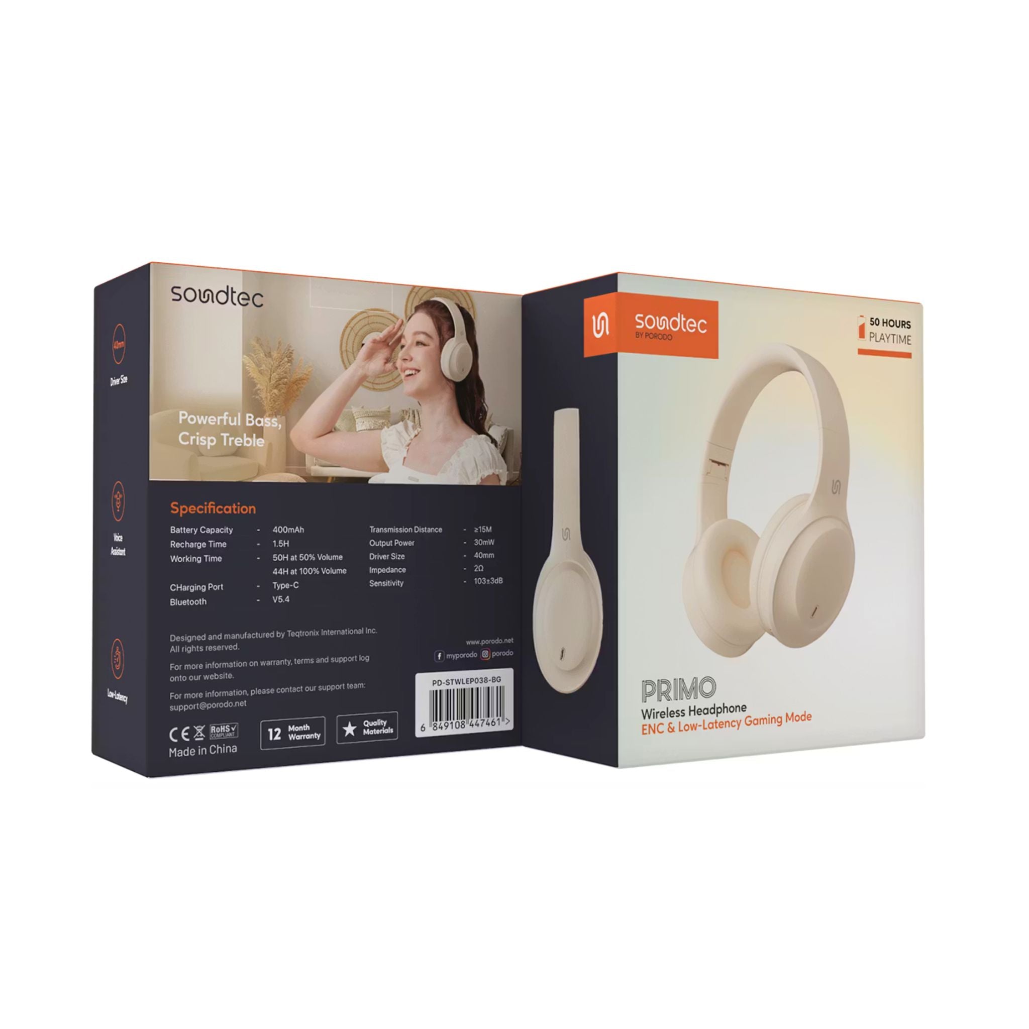 Porodo Soundtec Wireless Headphones with ENC & Low-Latency Gaming Mode, 400mAh Battery Capacity, 1.5 Hours Charging Time, 50 Hours Working Time, Type C Charging Port, Bluetooth Version 5.4, Voice Assistant - Beige