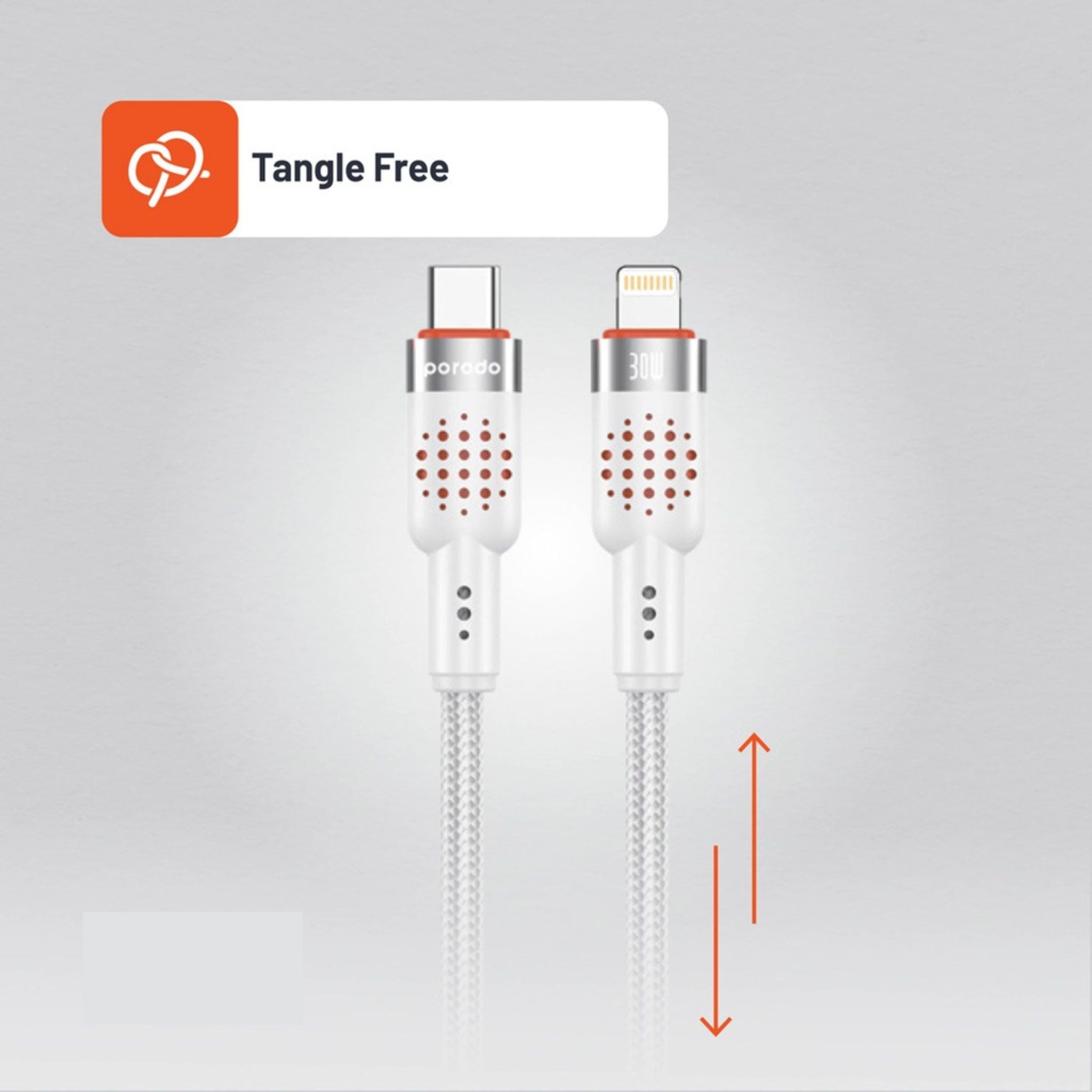 Porodo Braided Type-C to Lightning Cable with 30W Power Delivery, 1.2m Cable Length, 480Mbps Transfer Speed, More than 15,000 Bends Lifespan, Tangle-Free Design - White