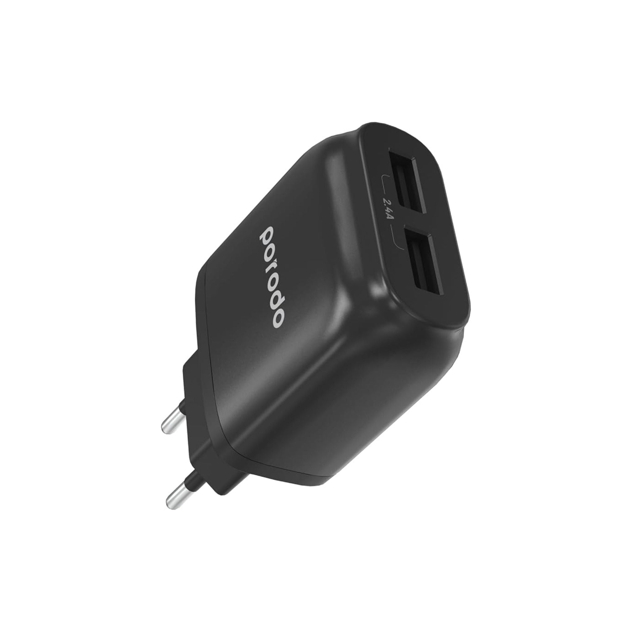 Porodo Dual USB Wall Charger 2.4A EU 2Pin Plug, Protective Safeguard, Over-Heat Protection, Fire-Proof Material, Fast Charge, Universal Compatibility - Black