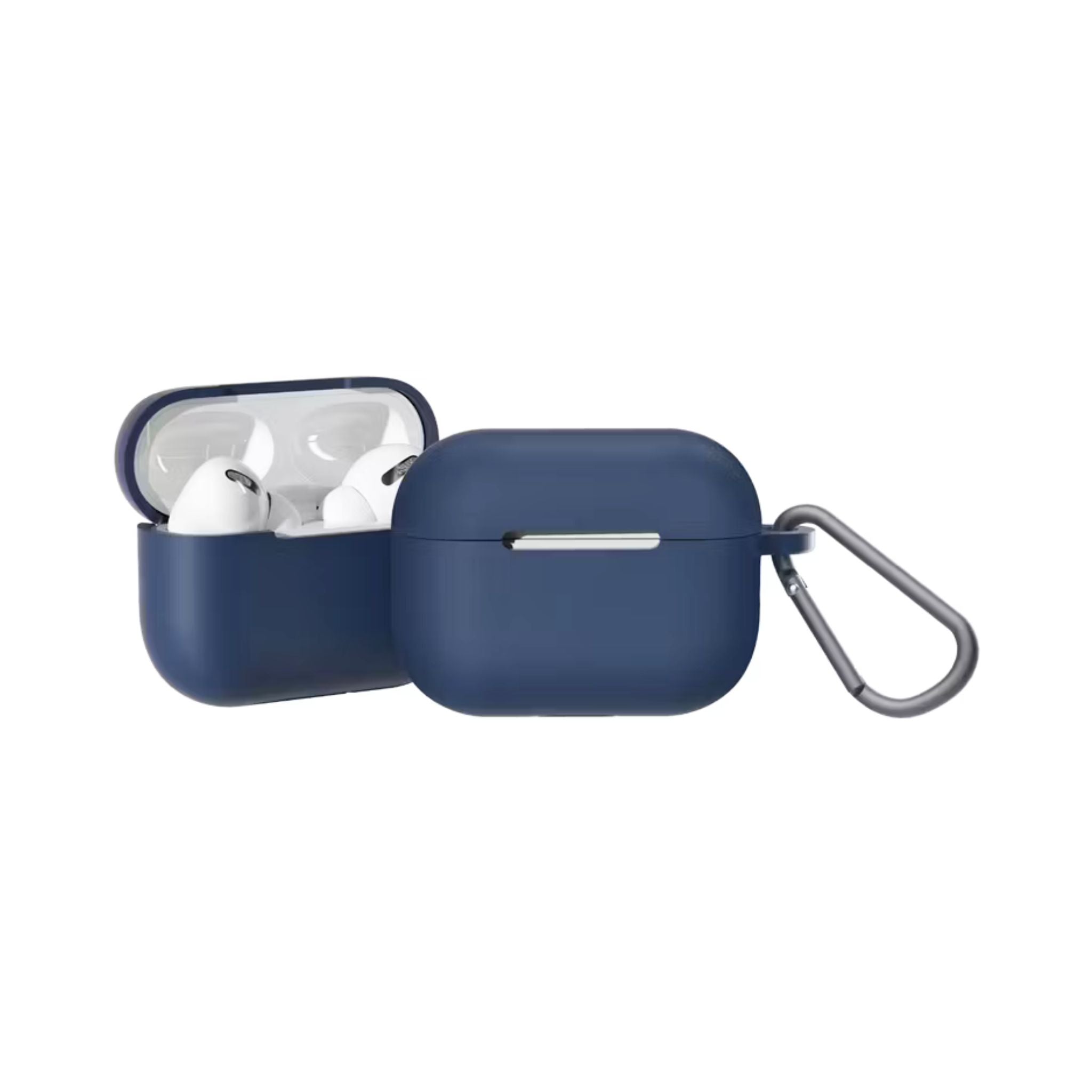 Navy blue AirPods case with a carabiner on a white background
