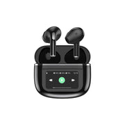 Black Porodo Soundtec Wonder TWS Earphones with touch screen and Bluetooth V5.4 technology, displayed in a charging case.