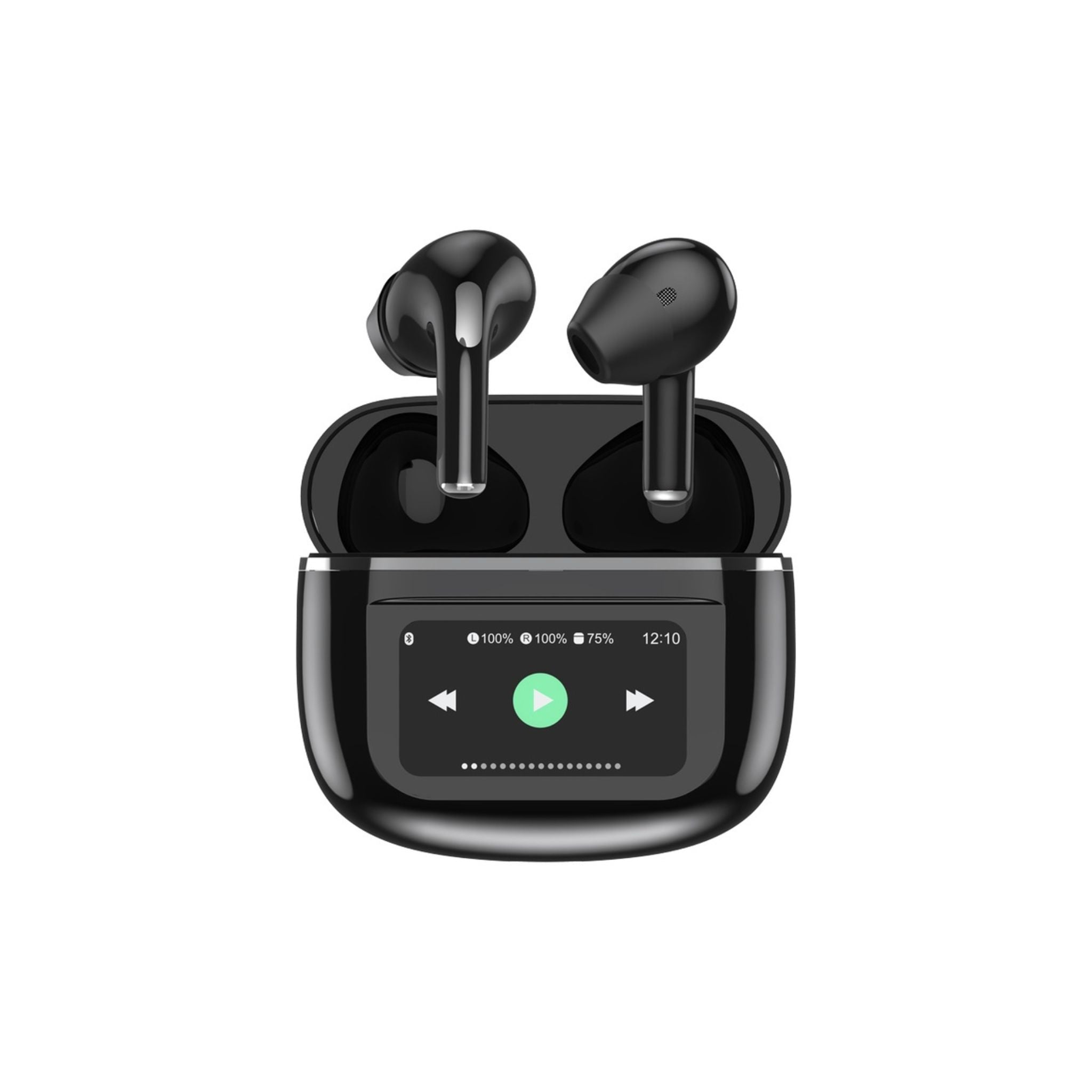 Black Porodo Soundtec Wonder TWS Earphones with touch screen and Bluetooth V5.4 technology, displayed in a charging case.