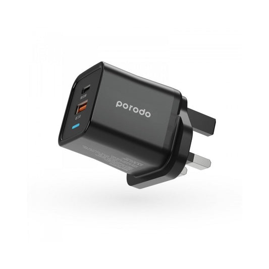 Porodo Dual Port PD + USB-A (35W+18W) Fast Charger With USB-A Quick Charging_Black