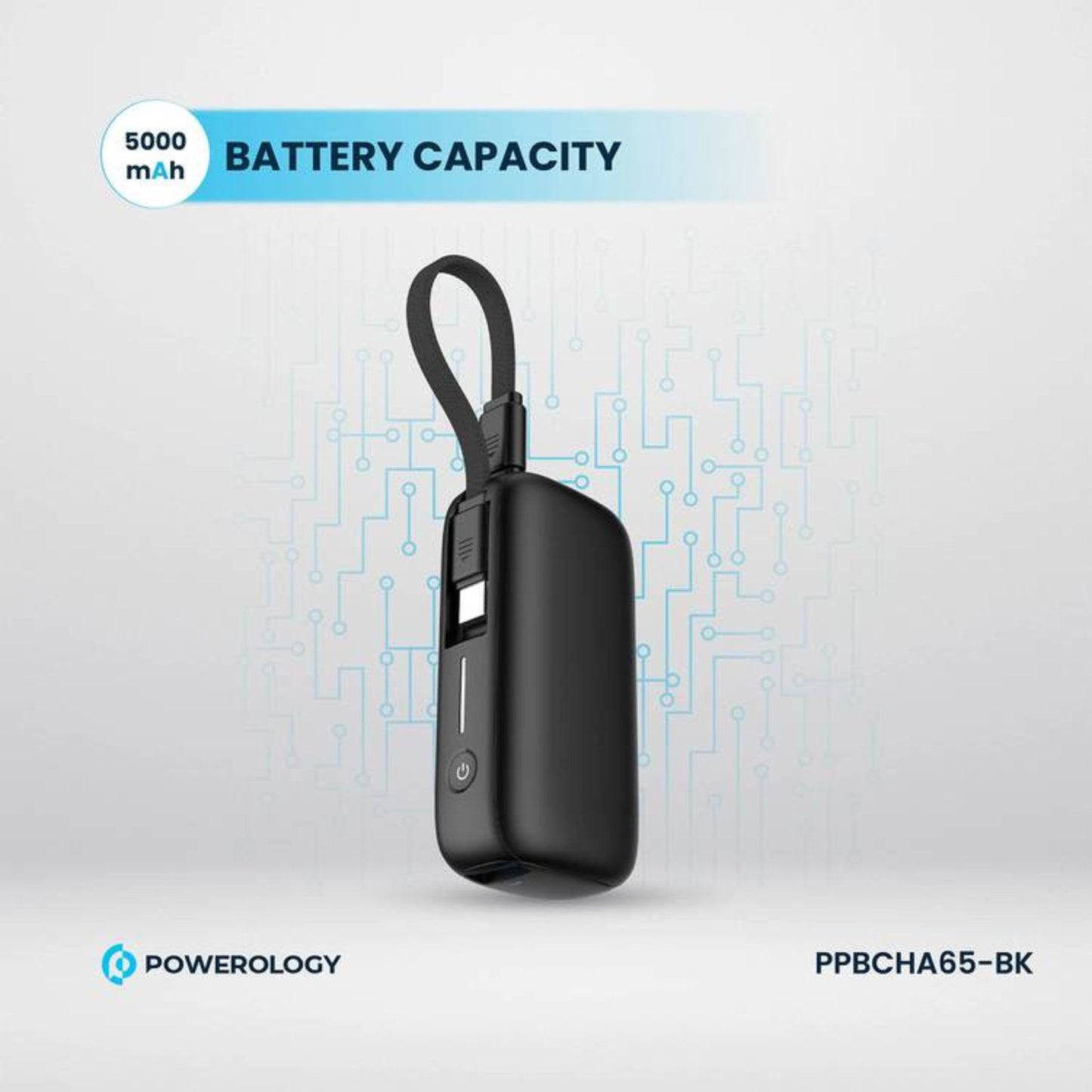 Powerology 5000mAh Power Bank with Removable USB-C Wire, Advanced Charging Technology, 2-Device Charging, Compact & Portable, Built-in Safeguards, 20W Power Delivery - Black