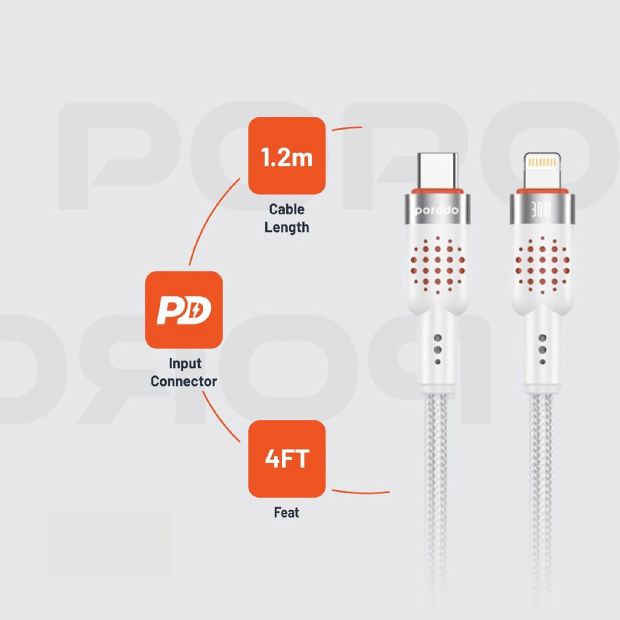 Porodo Braided Type-C to Lightning Cable with 30W Power Delivery, 1.2m Cable Length, 480Mbps Transfer Speed, More than 15,000 Bends Lifespan, Tangle-Free Design - White