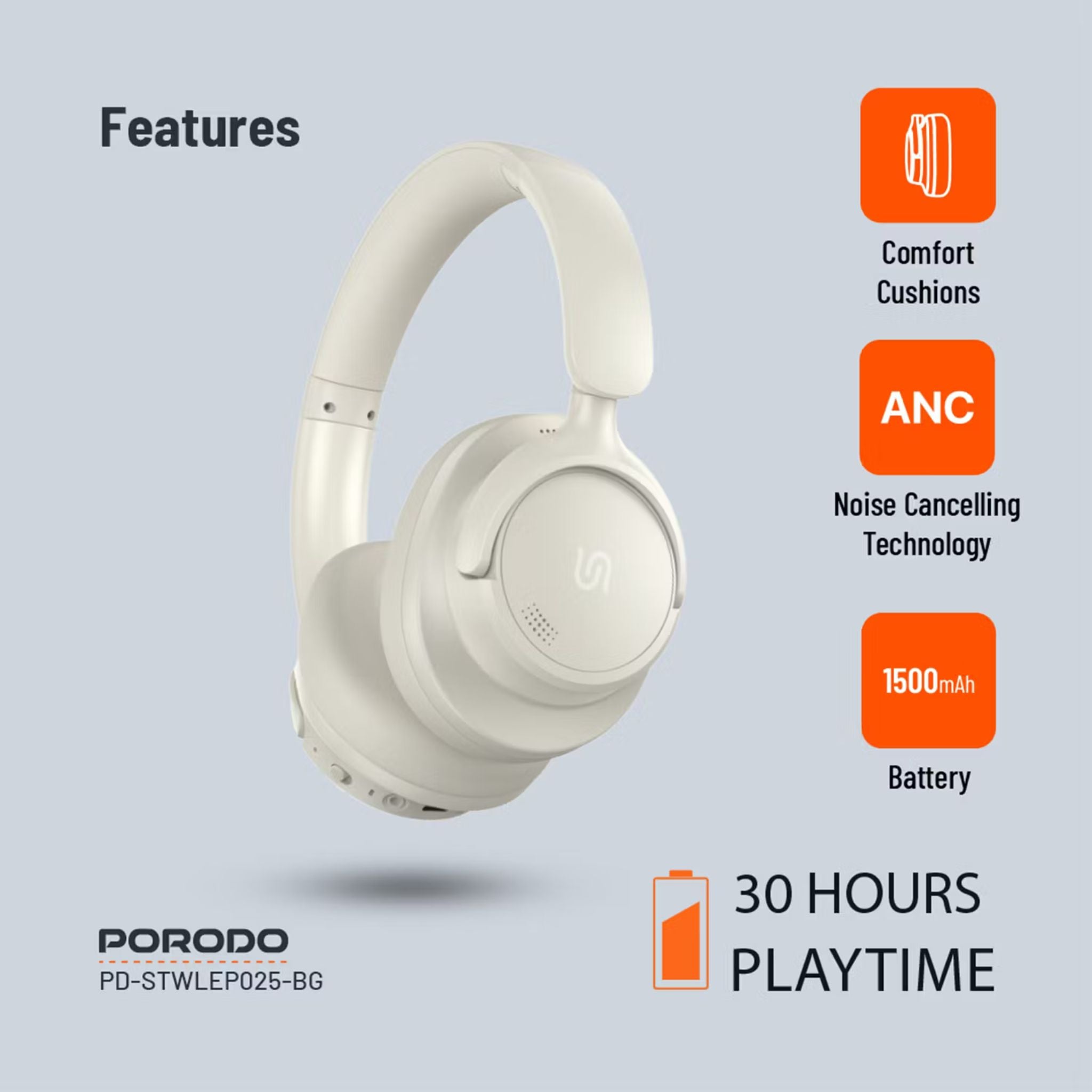 Porodo Soundtec Zen Active Noise-Cancellation Headphones with Bluetooth Version 5.3, 300mAh Battery Capacity, 30 Hours Play Time, Type-C Charging Port, 2 Hours Recharge Time, Comfortable Cushions - Beige
