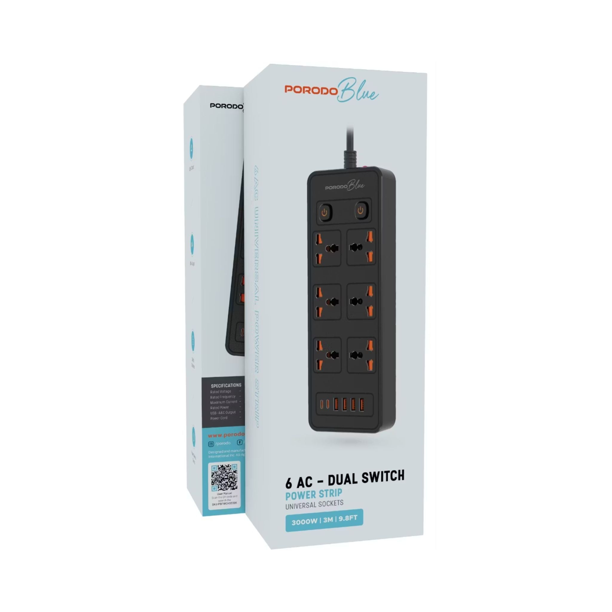 Porodo 6 AC Sockets Power Strip with ×4 USB-A & ×2 USB-C Ports, 3000W Rated Power, Premium Material, 3m Cable Length, UK 3-Pin Power Plug, Dual Power Switch Control, Safety Shutter, 13A Maximum Current - Black