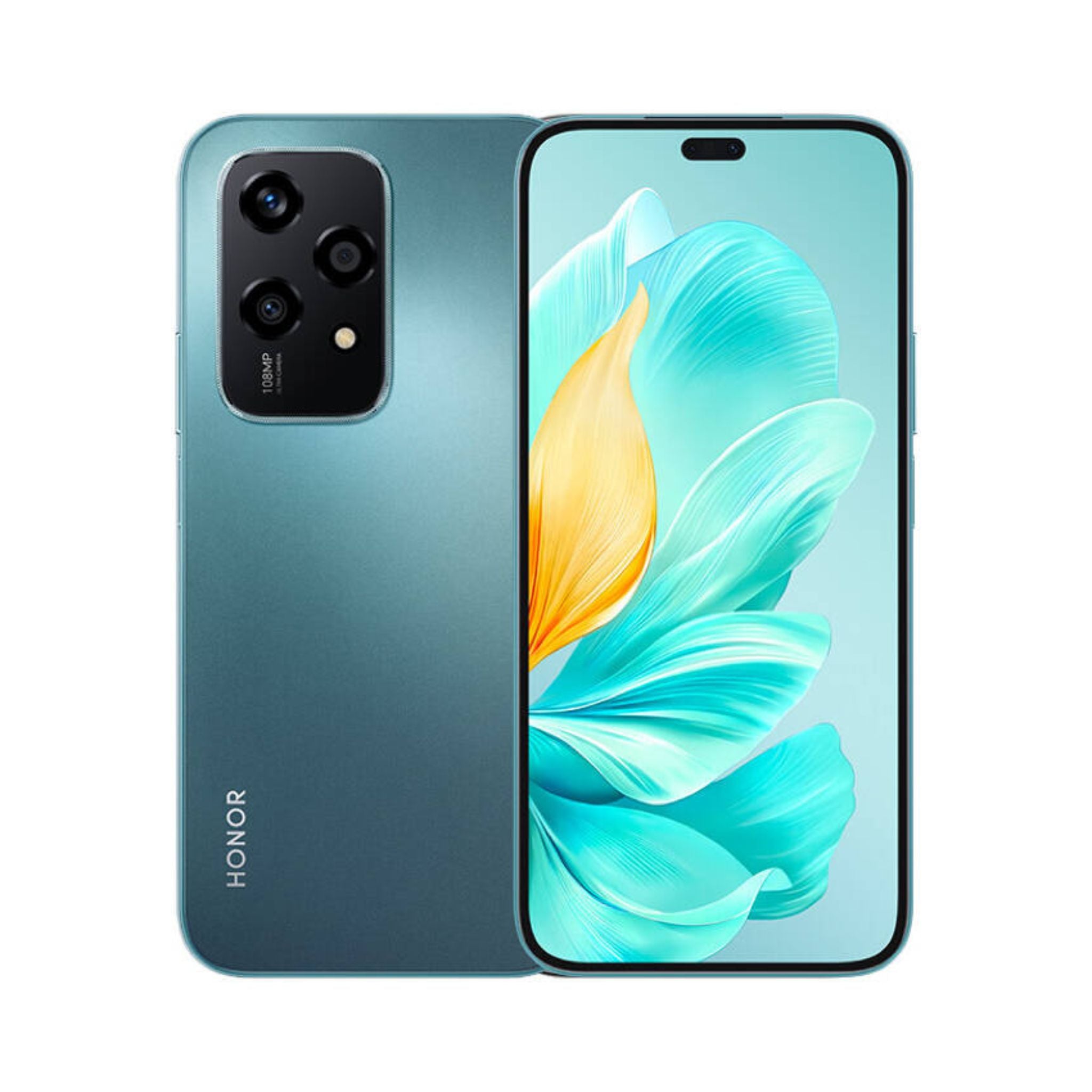 Honor smartphone showing front and back on a white background