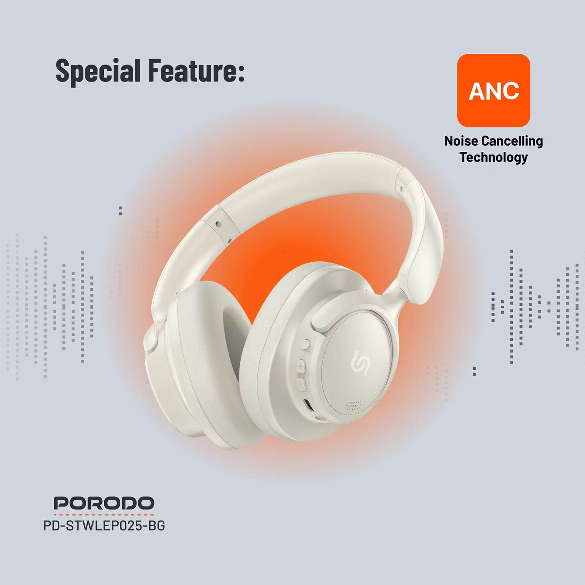 Porodo Soundtec Zen Active Noise-Cancellation Headphones with Bluetooth Version 5.3, 300mAh Battery Capacity, 30 Hours Play Time, Type-C Charging Port, 2 Hours Recharge Time, Comfortable Cushions - Beige