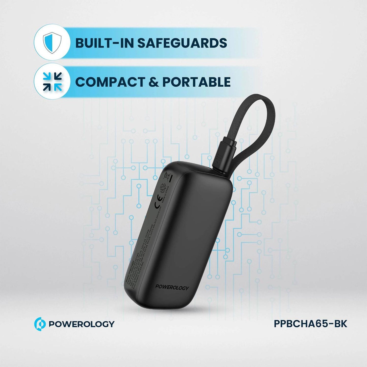 Powerology 5000mAh Power Bank with Removable USB-C Wire, Advanced Charging Technology, 2-Device Charging, Compact & Portable, Built-in Safeguards, 20W Power Delivery - Black