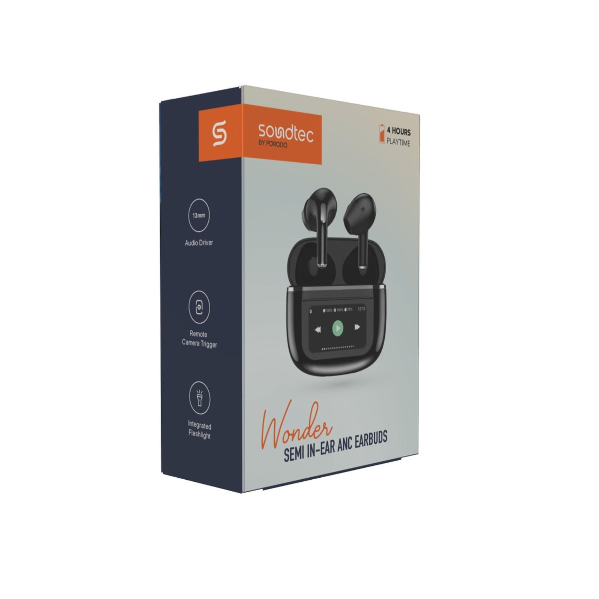 Porodo Soundtec Wonder TWS Earphone with Touch Screen-Bluetooth Version : V5.4-Bluetooth Chip : JL7003DB -Working Distance : 10M-Driver Size : 13mm-Standby Time : Battery 350mAh- Black