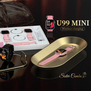 A Modio Sister Combo U99 Mini smartwatch in pink color with wireless charging capabilities, along with two bangles as accessories, displayed on a gold-colored stand.