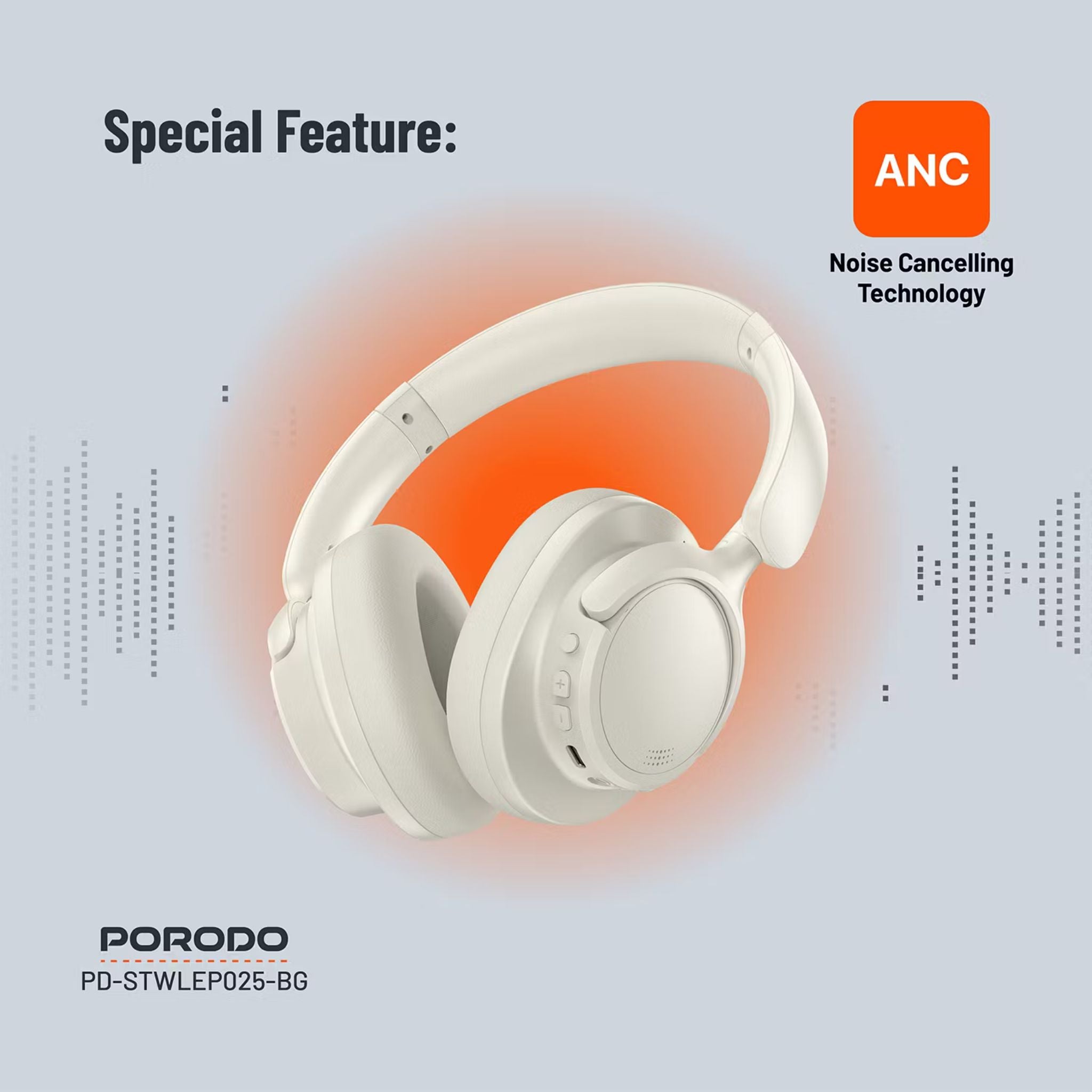 Porodo Soundtec Zen Active Noise-Cancellation Headphones with Bluetooth Version 5.3, 300mAh Battery Capacity, 30 Hours Play Time, Type-C Charging Port, 2 Hours Recharge Time, Comfortable Cushions - Beige