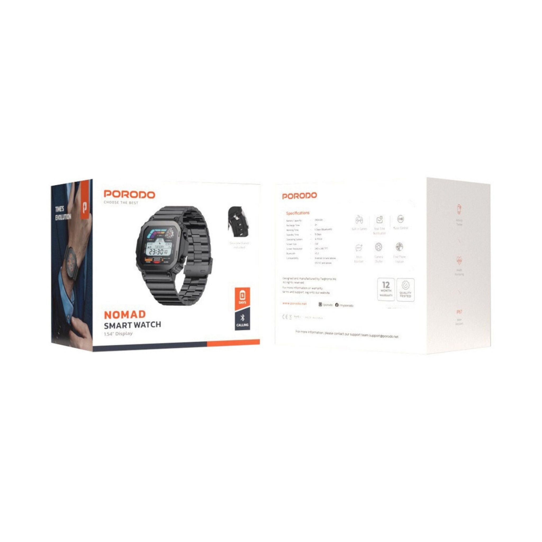 Porodo Nomad Smartwatch: 1.54" Display, 5-Day Battery Life, Fast 2-Hour Charge, Bluetooth 5.3, Compatible with Android 4.4+ & iOS 9.0+ - Black