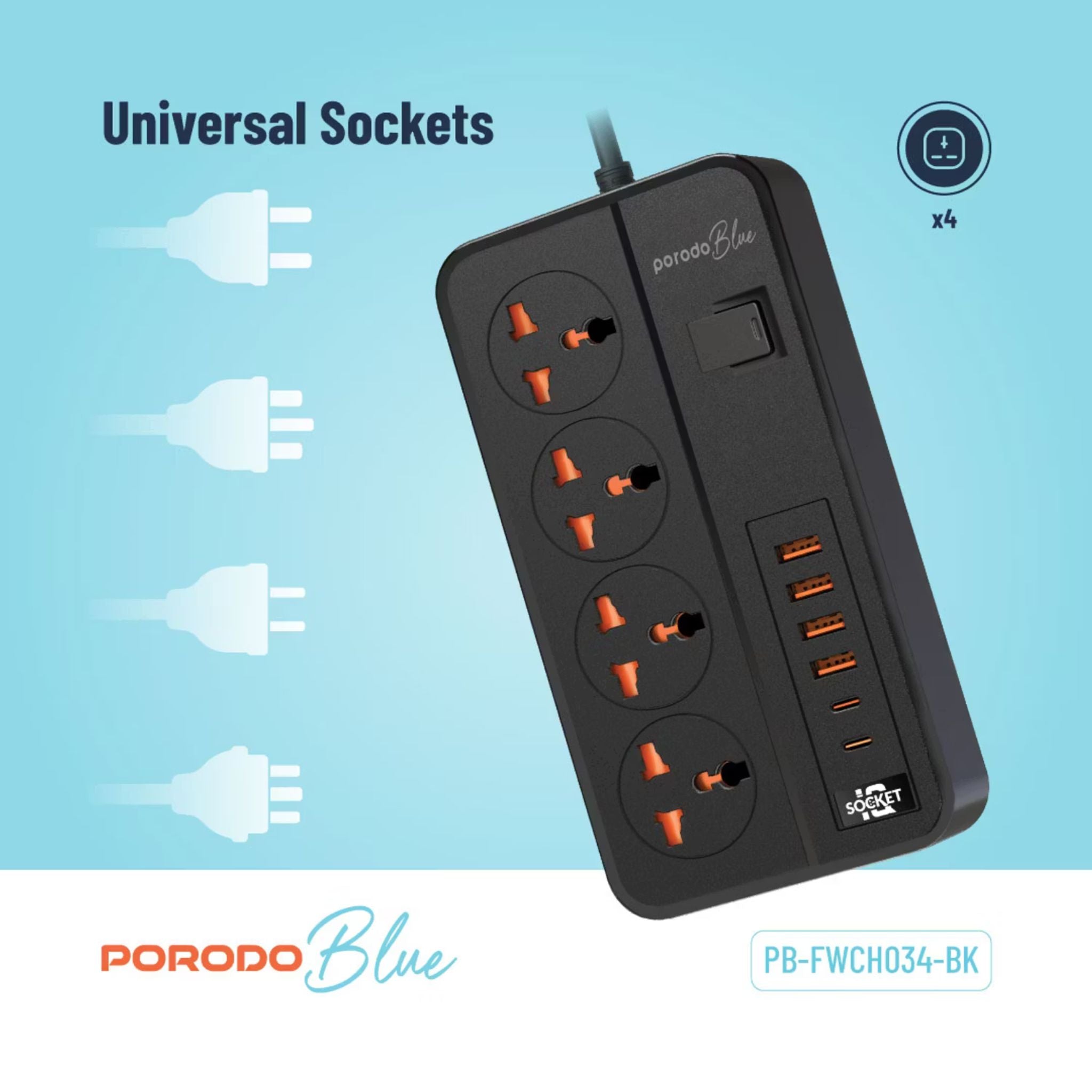 Porodo 4 AC Universal Power Strip with ×4 USB-A & ×2 USB-C Ports, 3000W Rated Power, 3m Cable Length, UK 3-Pin Power Plug, Premium Materials, Safety Shutters - Black