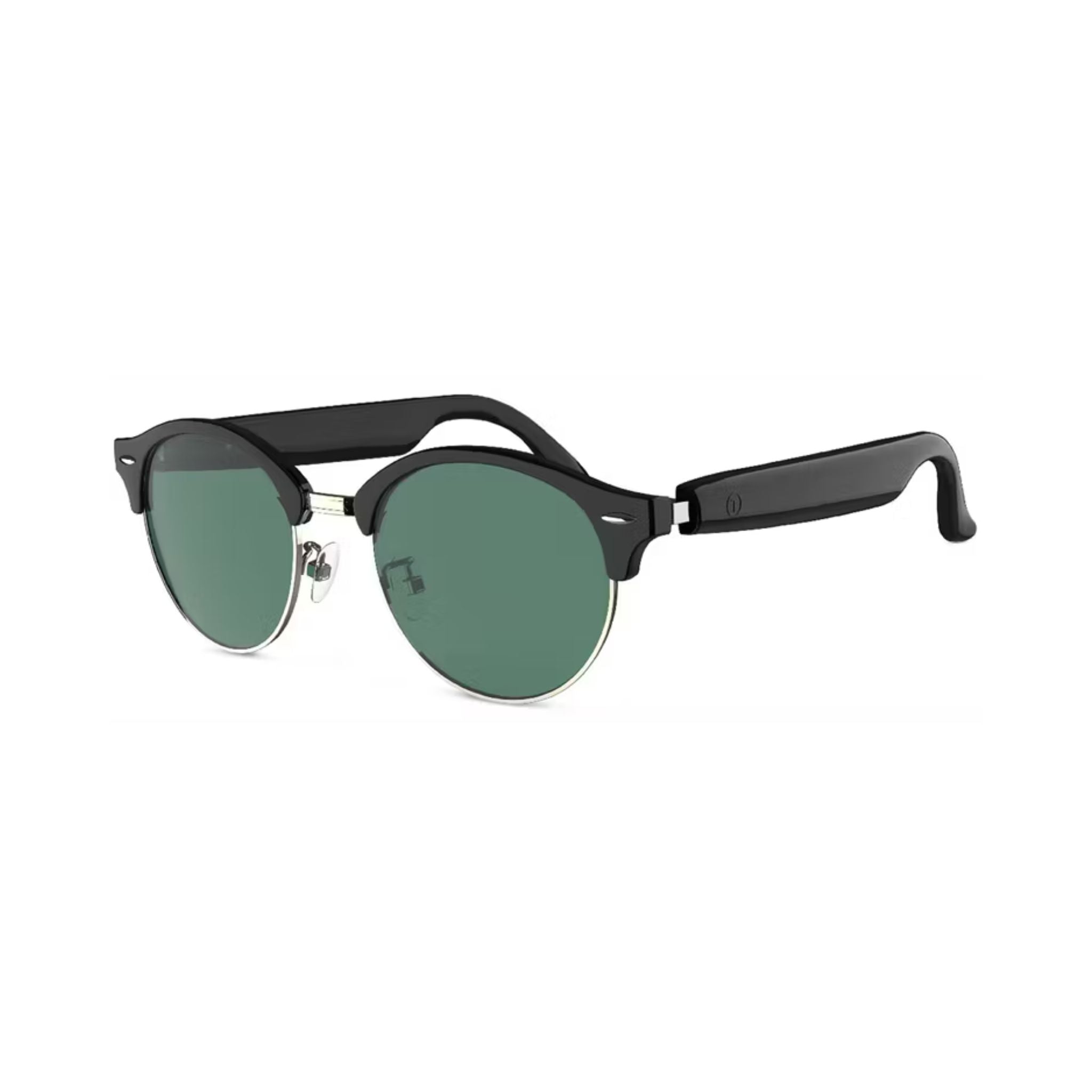 Black sunglasses with green lenses on a white background