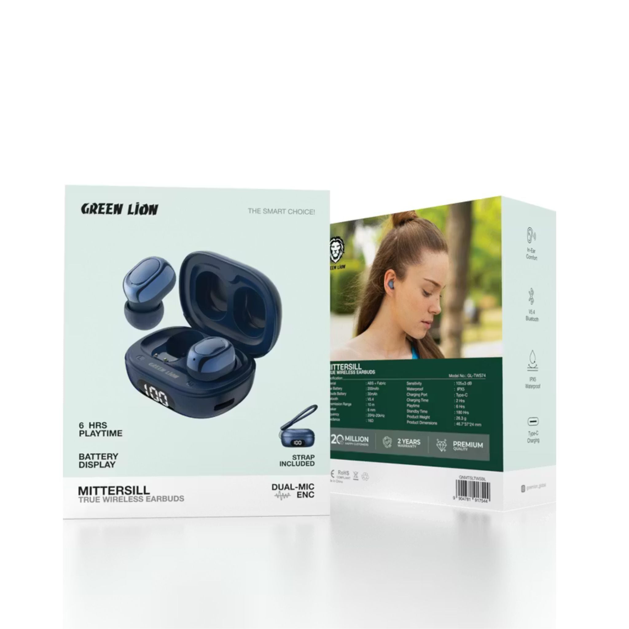 Green Lion Mittersill True Wireless Earbuds with ENC, Up to 6 Hours Playtime, IPX5 Waterproof Resistance Level, Bluetooth Version 5.4, Up to 10m Transmission Range, Type-C Charging Port, Dual-Microphone, Strap Included