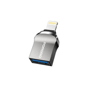 A black Porodo USB A to Lightning Adapter with a visible Lightning connector on one end and a USB A connector on the other.