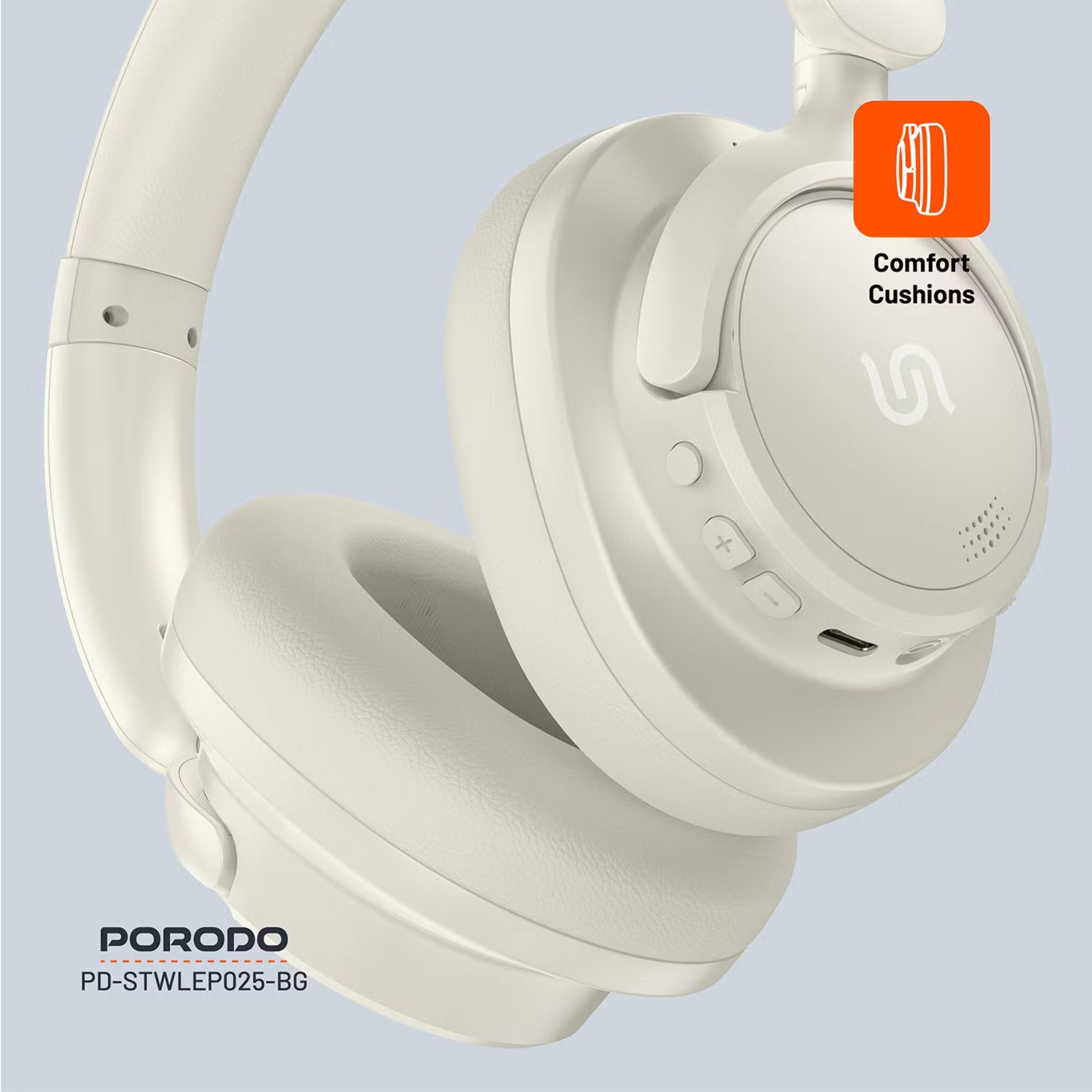 Porodo Soundtec Zen Active Noise-Cancellation Headphones with Bluetooth Version 5.3, 300mAh Battery Capacity, 30 Hours Play Time, Type-C Charging Port, 2 Hours Recharge Time, Comfortable Cushions - Beige