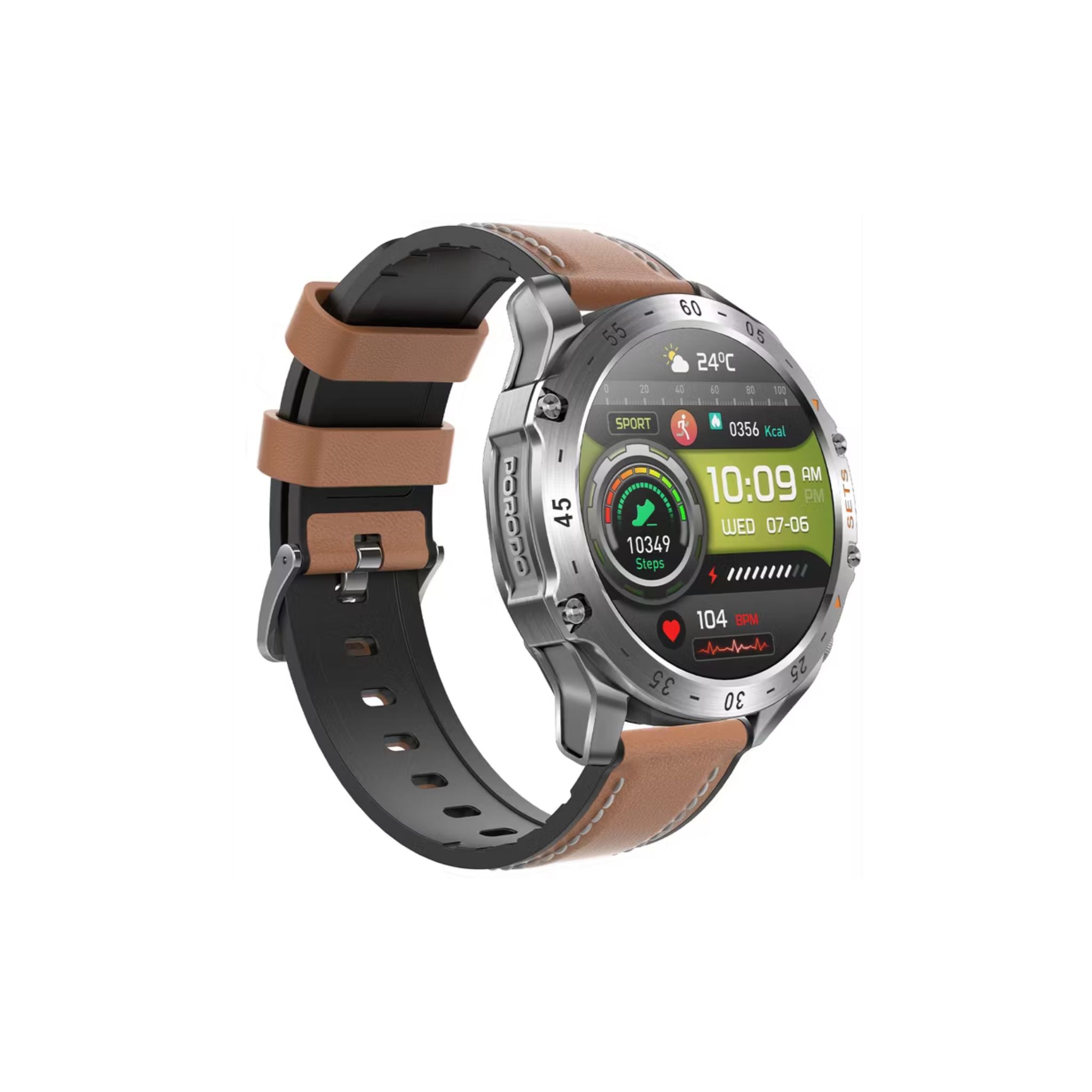 Porodo Hype Smart Watch with Wireless Earbuds and Brown Leather Band, Compatible with Android 5.0, iOS 10.0 and Above_Silver