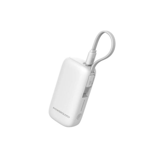 Powerology 5000mAh Power Bank with Removable USB-C Wire, Advanced Charging Technology, 2-Device Charging, Compact & Portable, Built-in Safeguards, 20W Power Delivery - White
