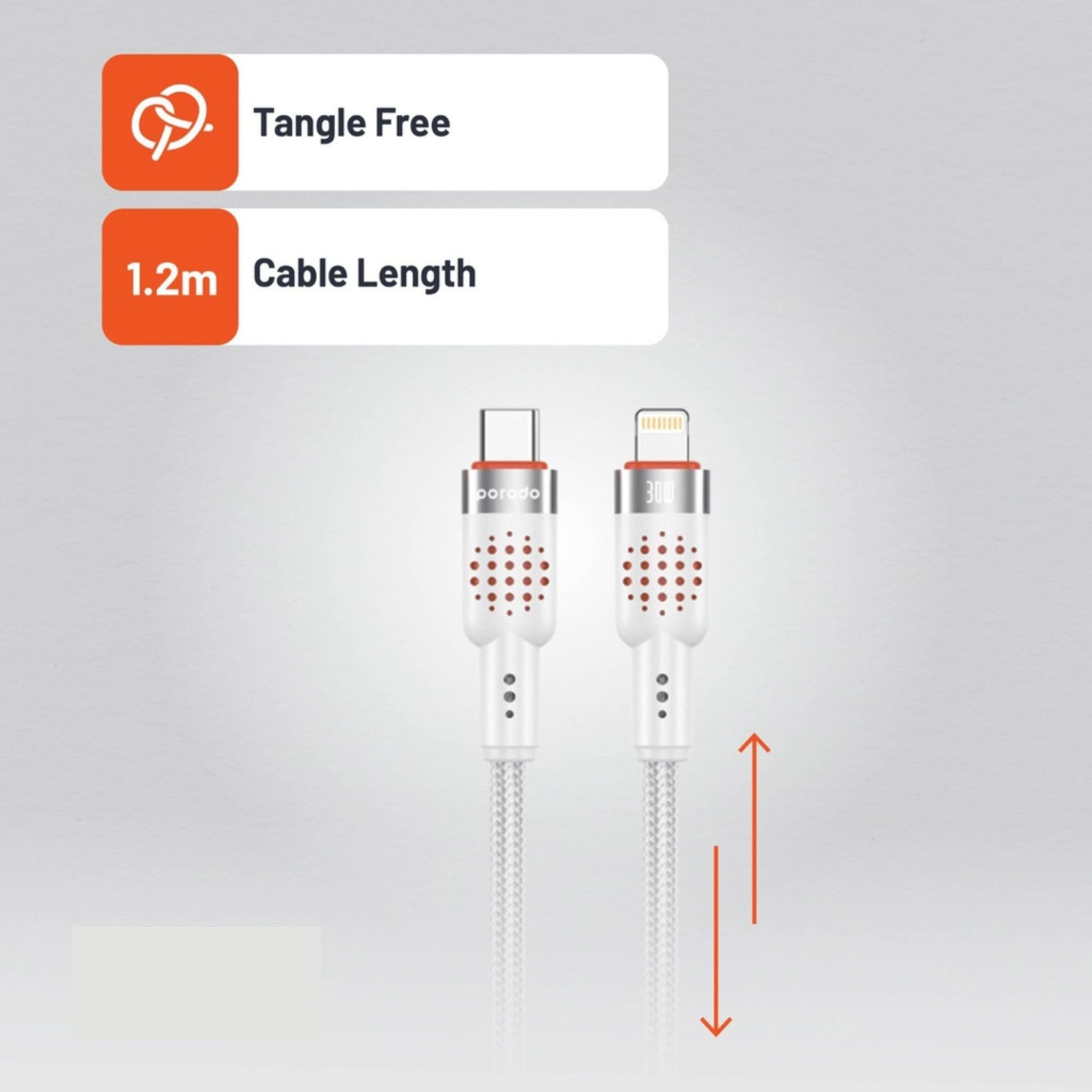 Porodo Braided Type-C to Lightning Cable with 30W Power Delivery, 1.2m Cable Length, 480Mbps Transfer Speed, More than 15,000 Bends Lifespan, Tangle-Free Design - White
