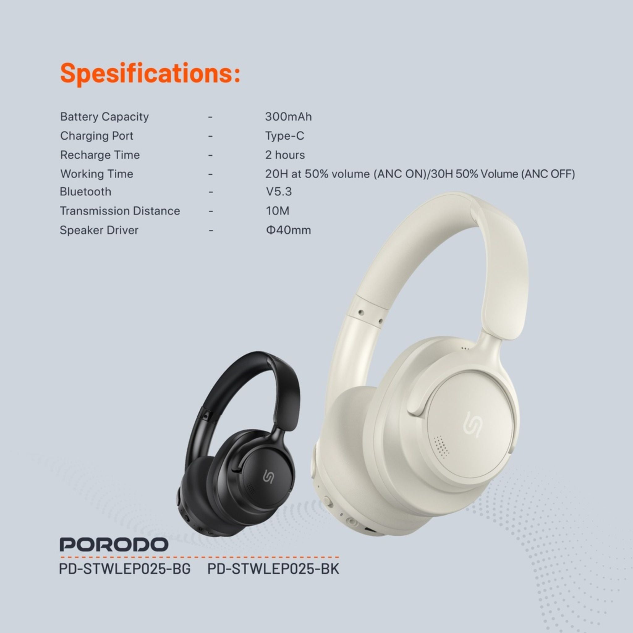 Porodo Soundtec Zen Active Noise-Cancellation Headphones with Bluetooth Version 5.3, 300mAh Battery Capacity, 30 Hours Play Time, Type-C Charging Port, 2 Hours Recharge Time, Comfortable Cushions - Beige