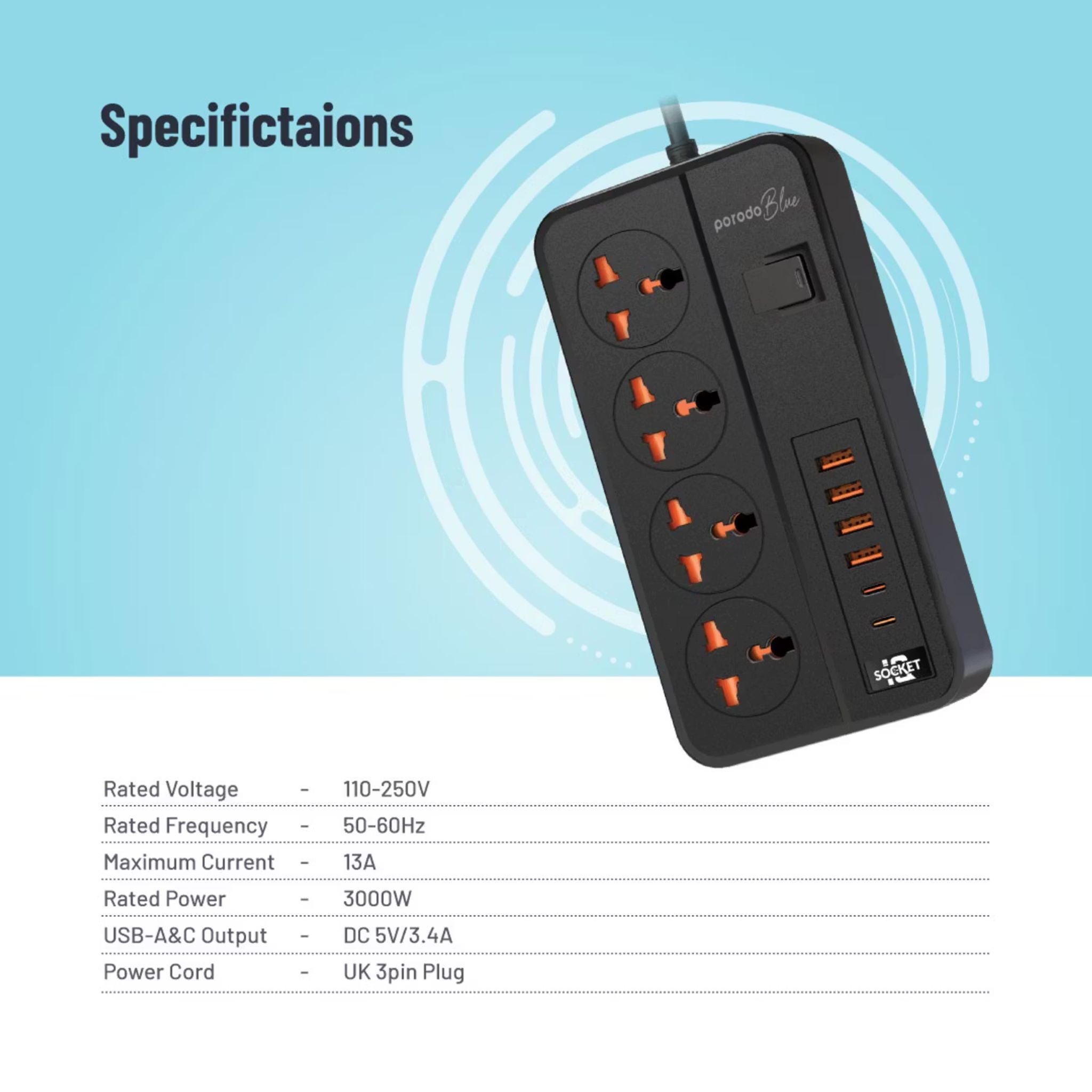 Porodo 4 AC Universal Power Strip with ×4 USB-A & ×2 USB-C Ports, 3000W Rated Power, 3m Cable Length, UK 3-Pin Power Plug, Premium Materials, Safety Shutters - Black