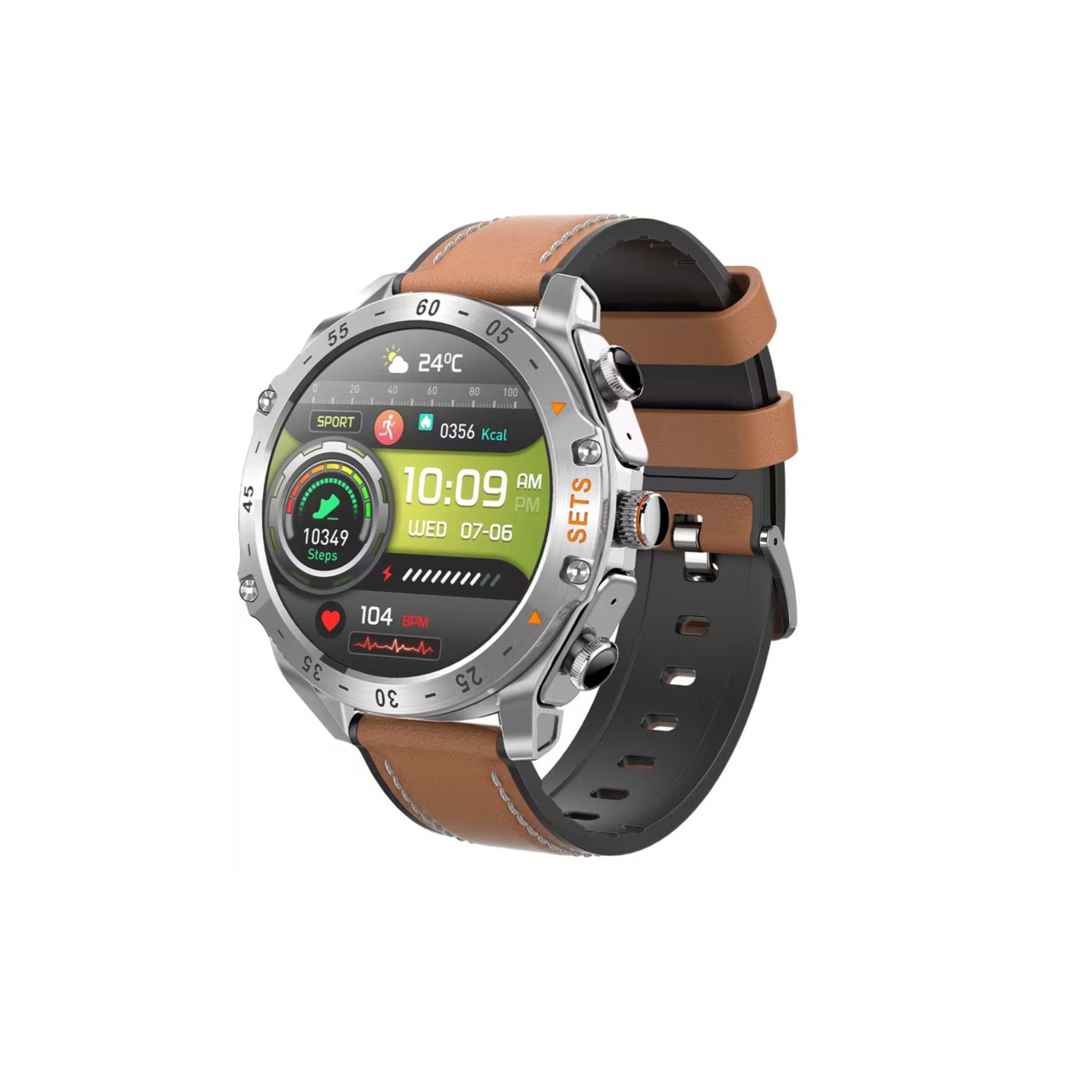 Porodo Hype Smart Watch with Wireless Earbuds and Brown Leather Band, Compatible with Android 5.0, iOS 10.0 and Above_Silver