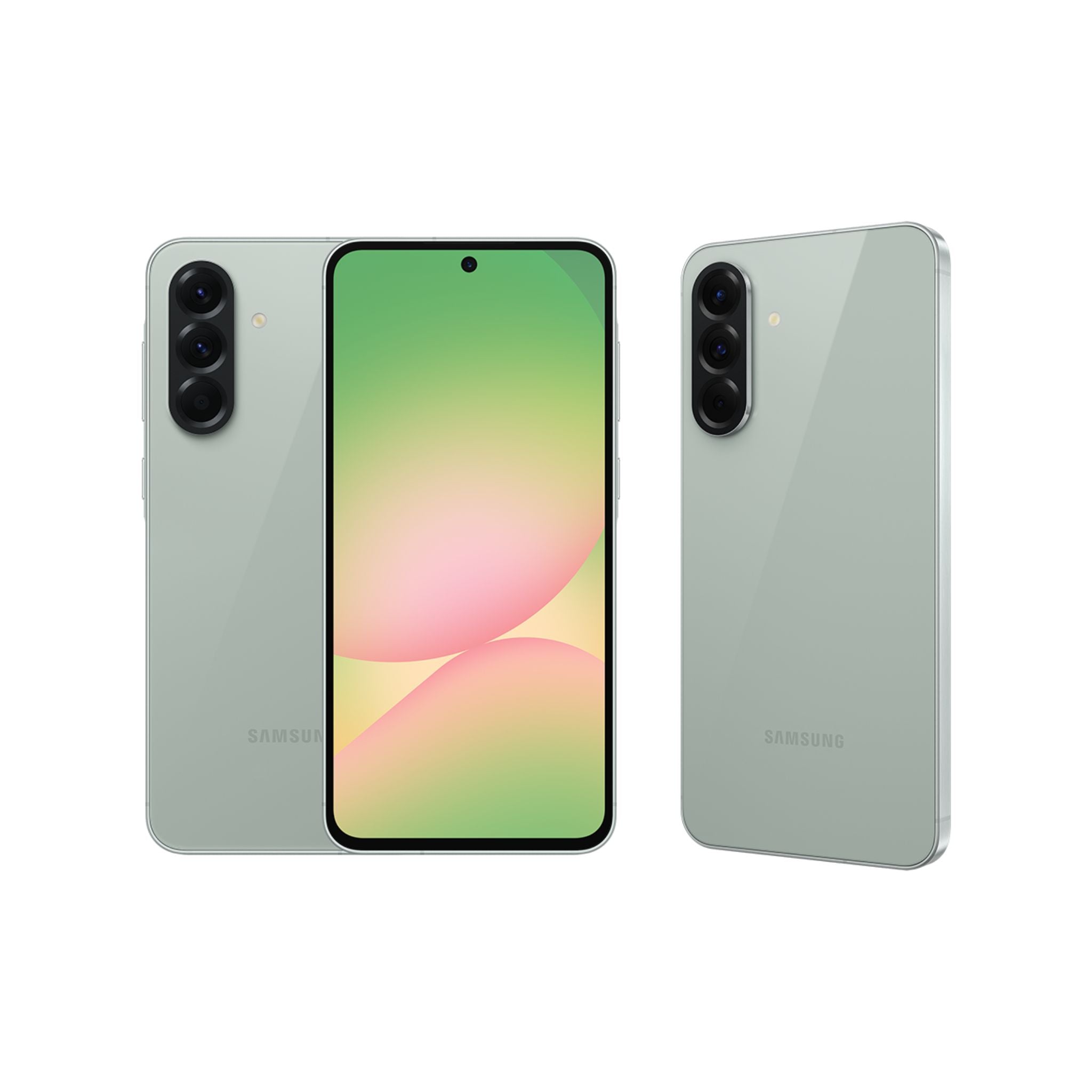 Samsung smartphone showing front and back on a white background
