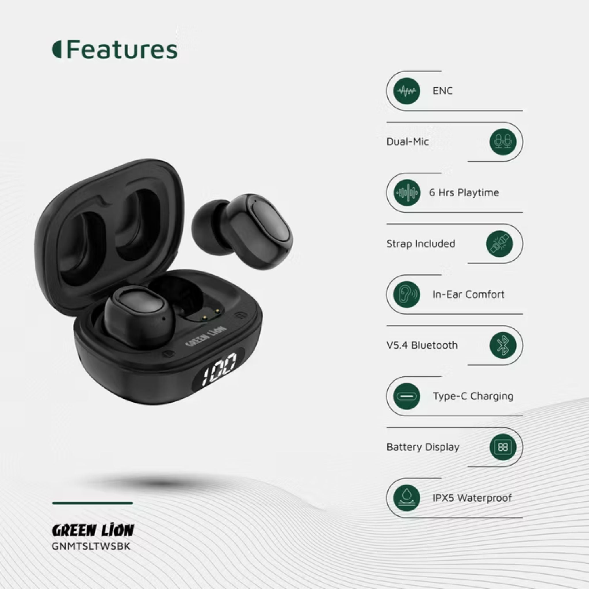 Green Lion Mittersill True Wireless Earbuds with ENC, Up to 6 Hours Playtime, IPX5 Waterproof Resistance Level, Bluetooth Version 5.4, Up to 10m Transmission Range, Type-C Charging Port, Dual-Microphone, Strap Included