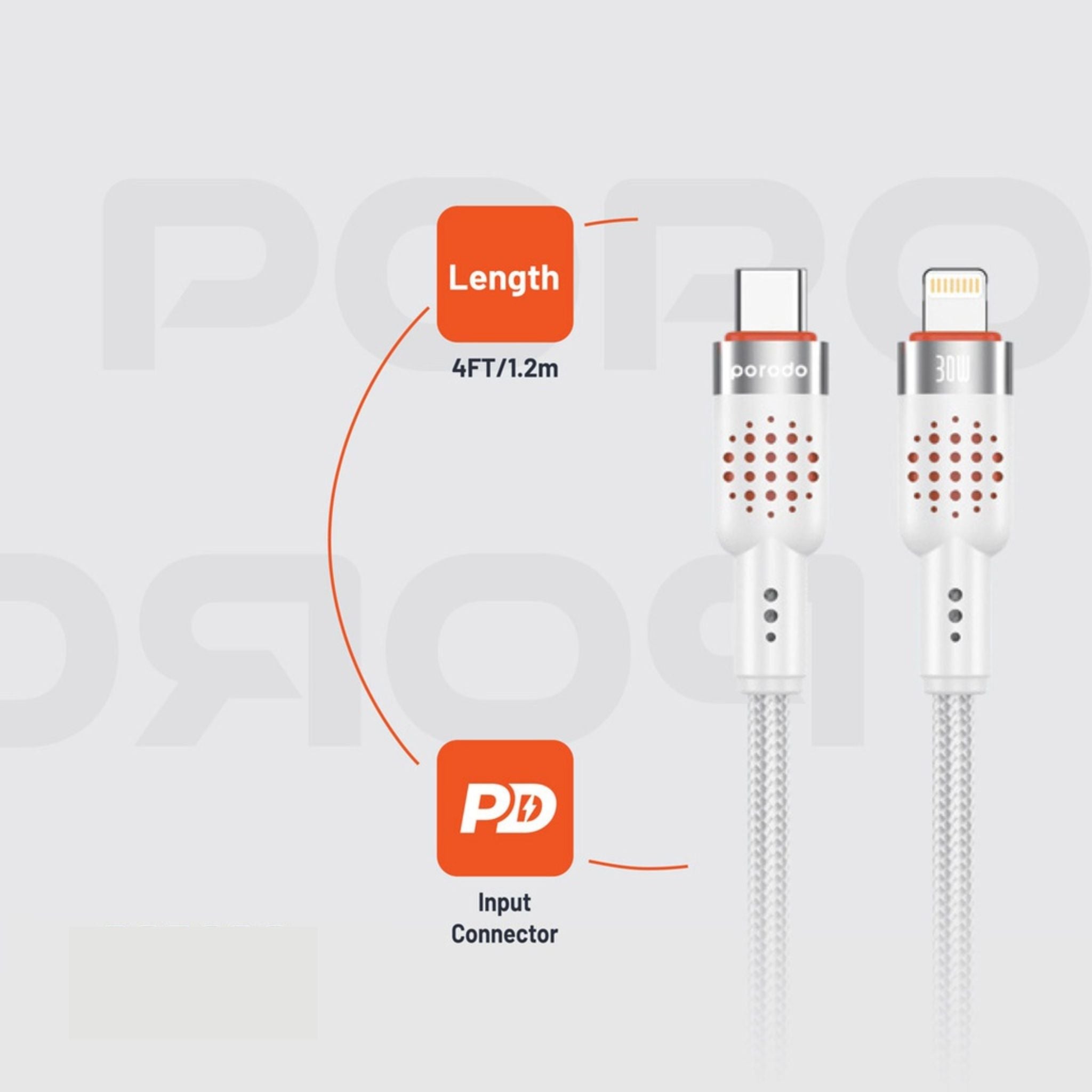 Porodo Braided Type-C to Lightning Cable with 30W Power Delivery, 1.2m Cable Length, 480Mbps Transfer Speed, More than 15,000 Bends Lifespan, Tangle-Free Design - White