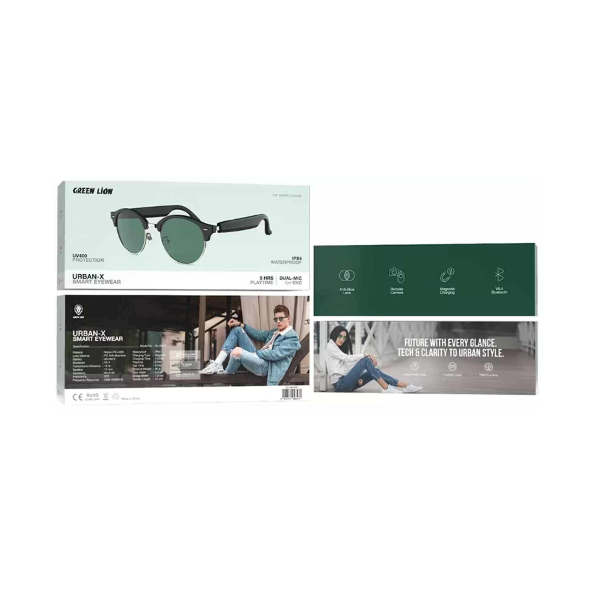 Green Lion Urban-X Smart Glasses  with UV400 Protection Bluetooth 5.4 Anti-Blue PC Lenses Metal PC ABS Frame Magnetic Charging IPX4 Water Resistant 10m Range 5h Playtime Touch Control- Black