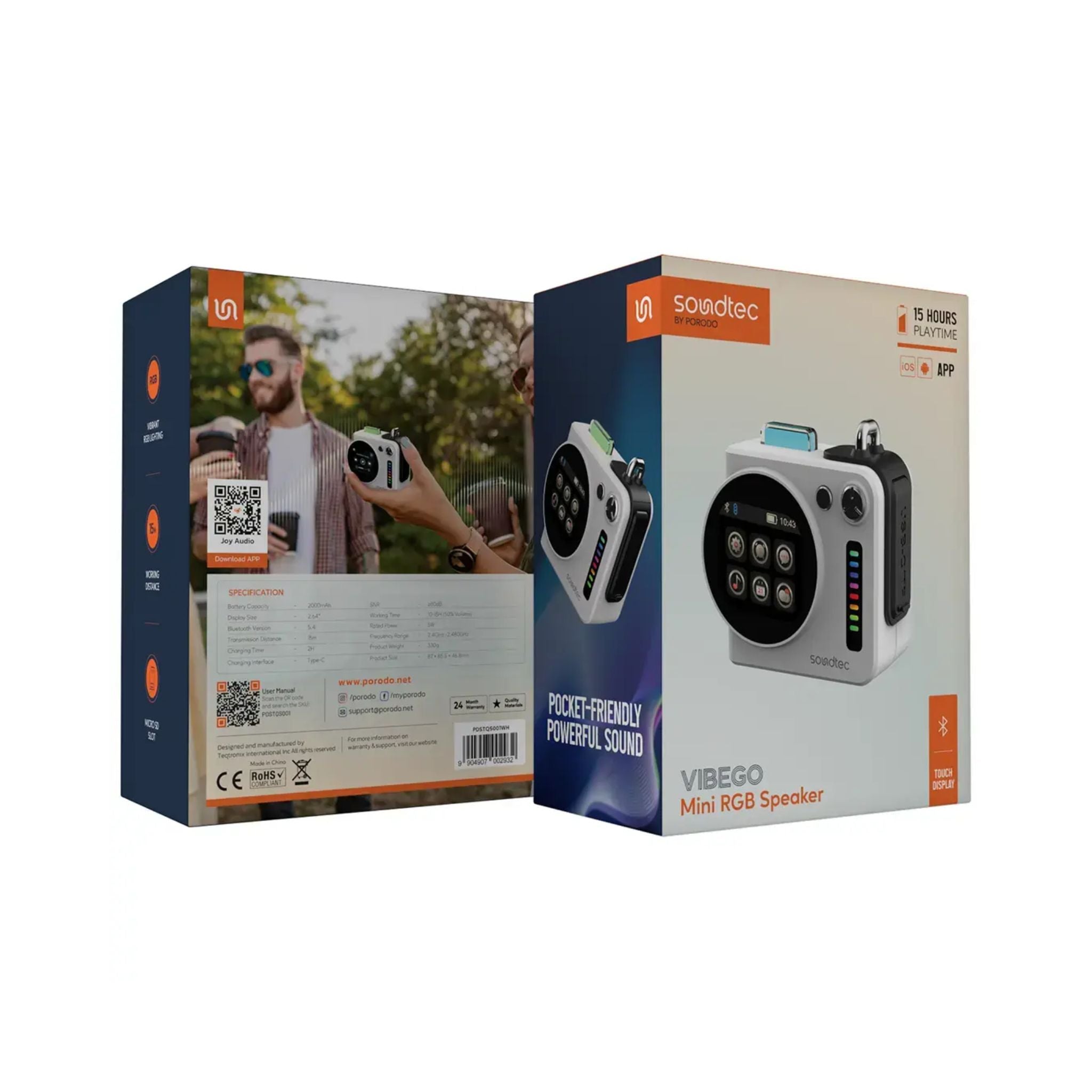 Porodo Vibego Mini RGB Speaker with Bluetooth Version 5.4, Touch Control Display, 15 Hours Play Time, Type-C Charging Port, 2000mAh Battery Capacity, 2 Hours Charging Time, Micro SD Slots, Vibrant RGB Lighting - White