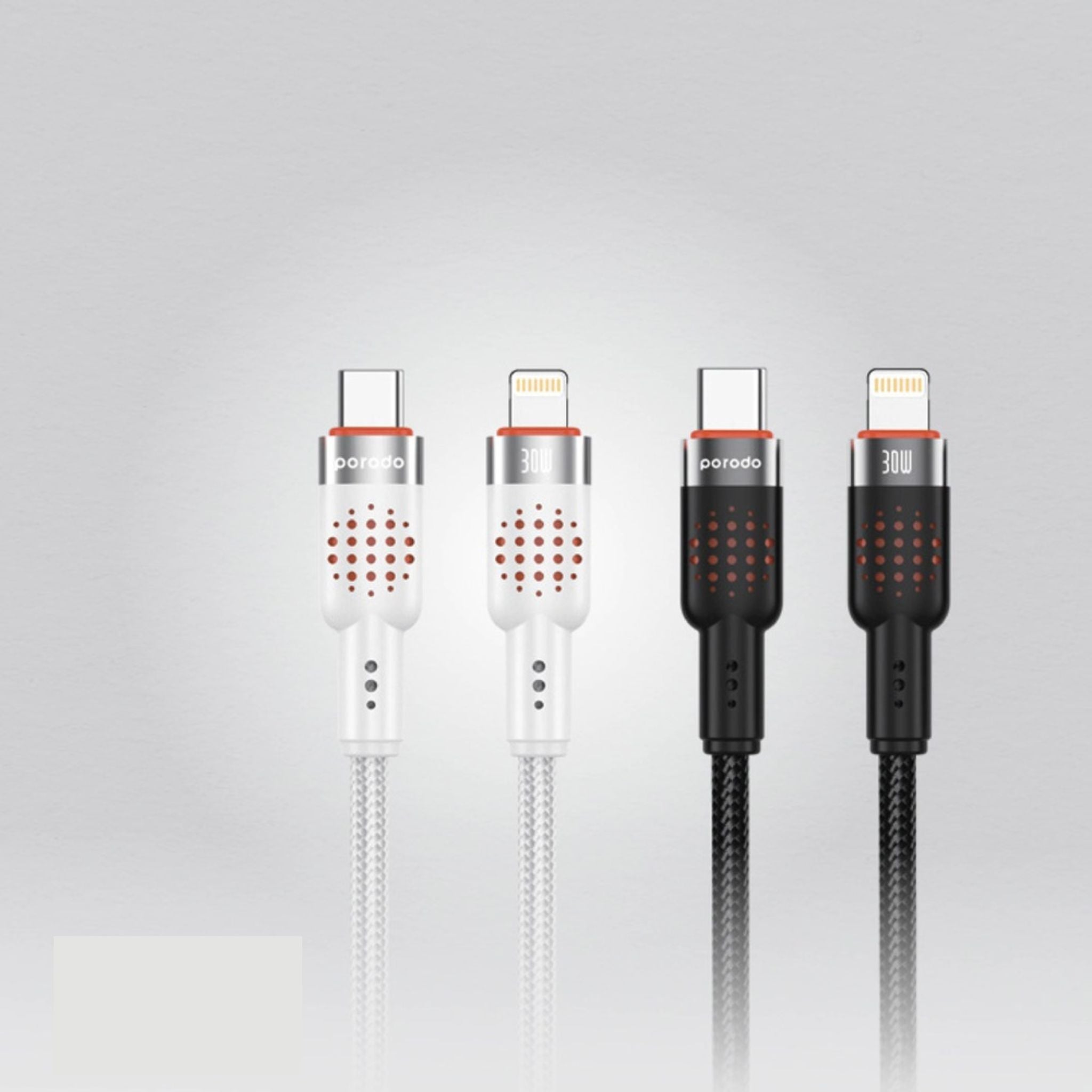 Porodo Braided Type-C to Lightning Cable with 30W Power Delivery, 1.2m Cable Length, 480Mbps Transfer Speed, More than 15,000 Bends Lifespan, Tangle-Free Design - White