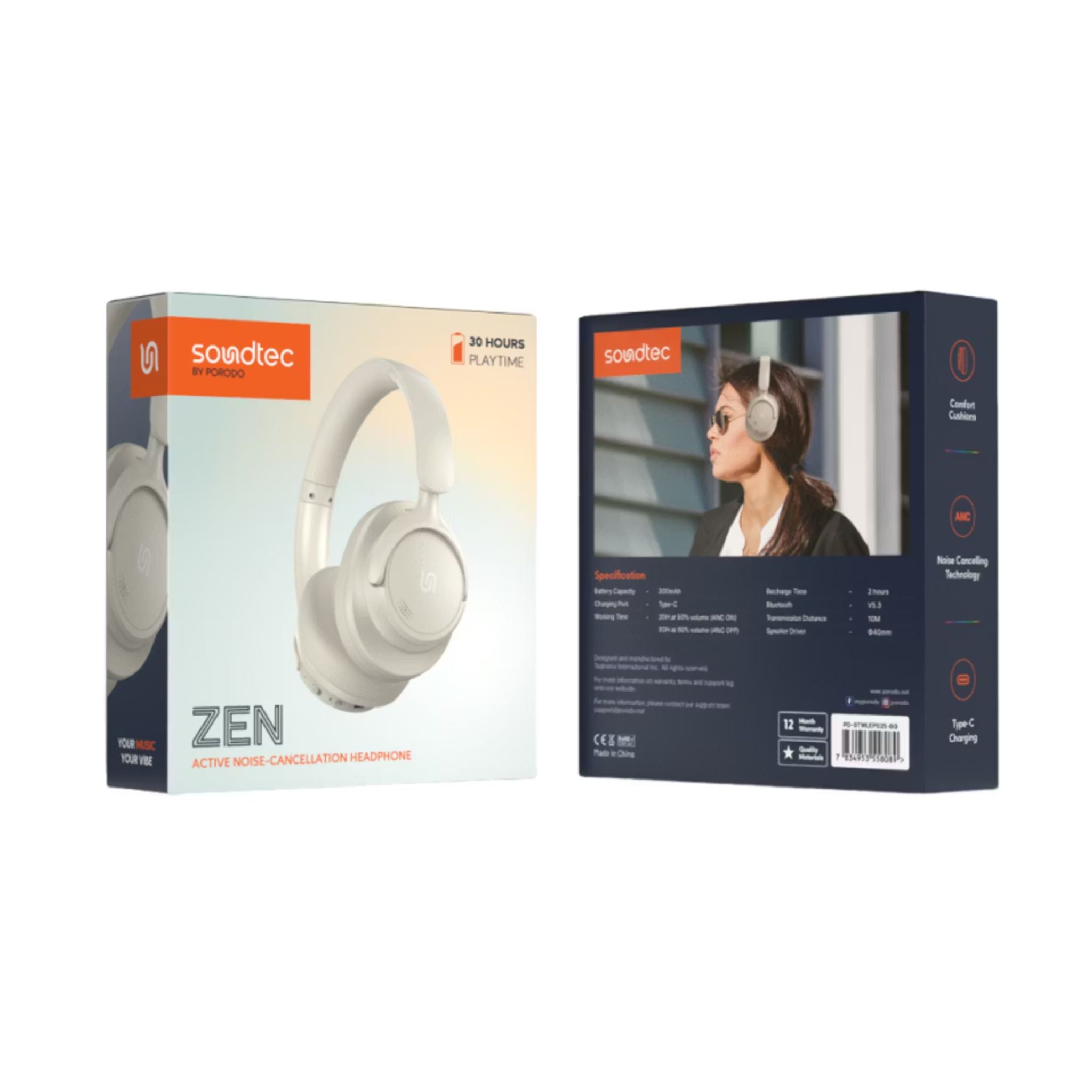 Porodo Soundtec Zen Active Noise-Cancellation Headphones with Bluetooth Version 5.3, 300mAh Battery Capacity, 30 Hours Play Time, Type-C Charging Port, 2 Hours Recharge Time, Comfortable Cushions - Beige