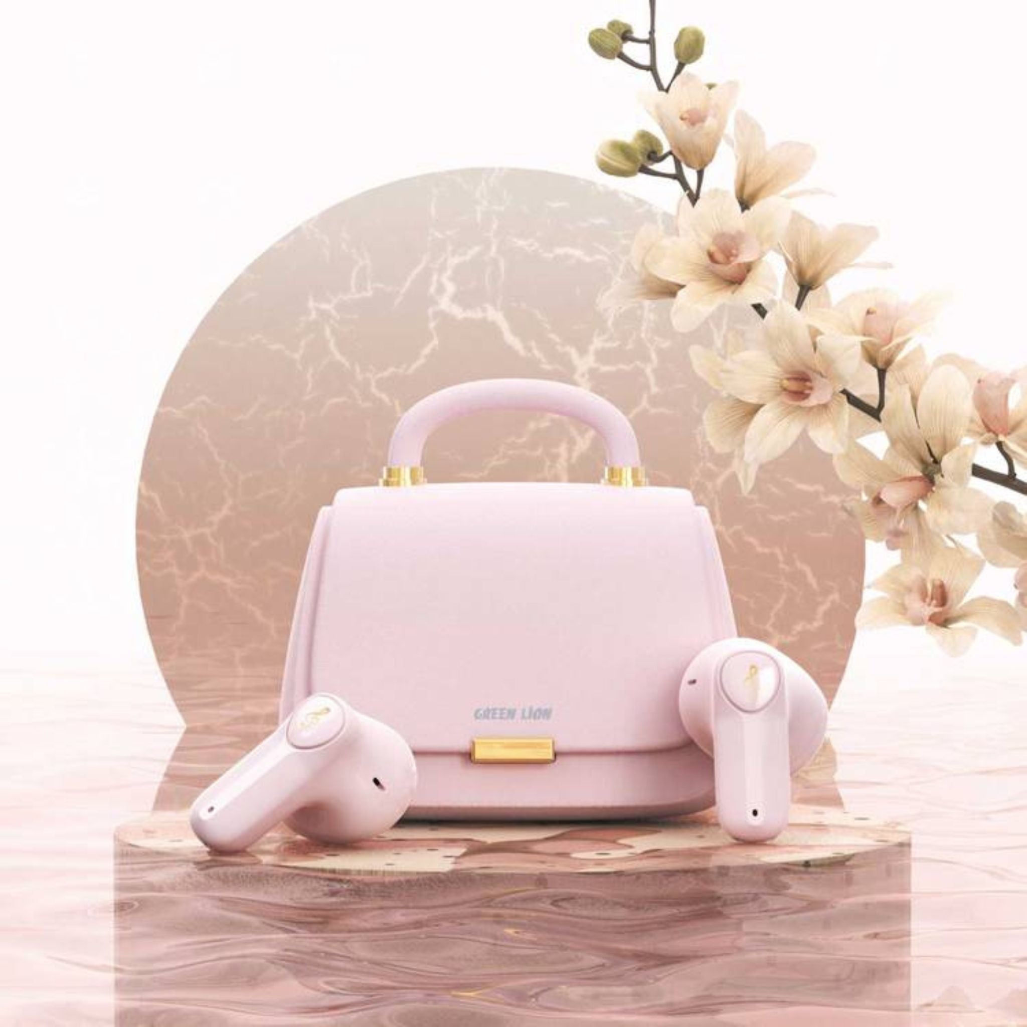 Green Lion Queen's Mini Bag Style True Wireless Earbuds, JL6983 Chipset, Bluetooth Version 5.3, Up to 15 m Bluetooth Range, 5 Hours Playtime, Up to 16 Hours with Charging Case, 300 mAh Charging Case Battery, IPX4 Water Resistance Level - Light Pink