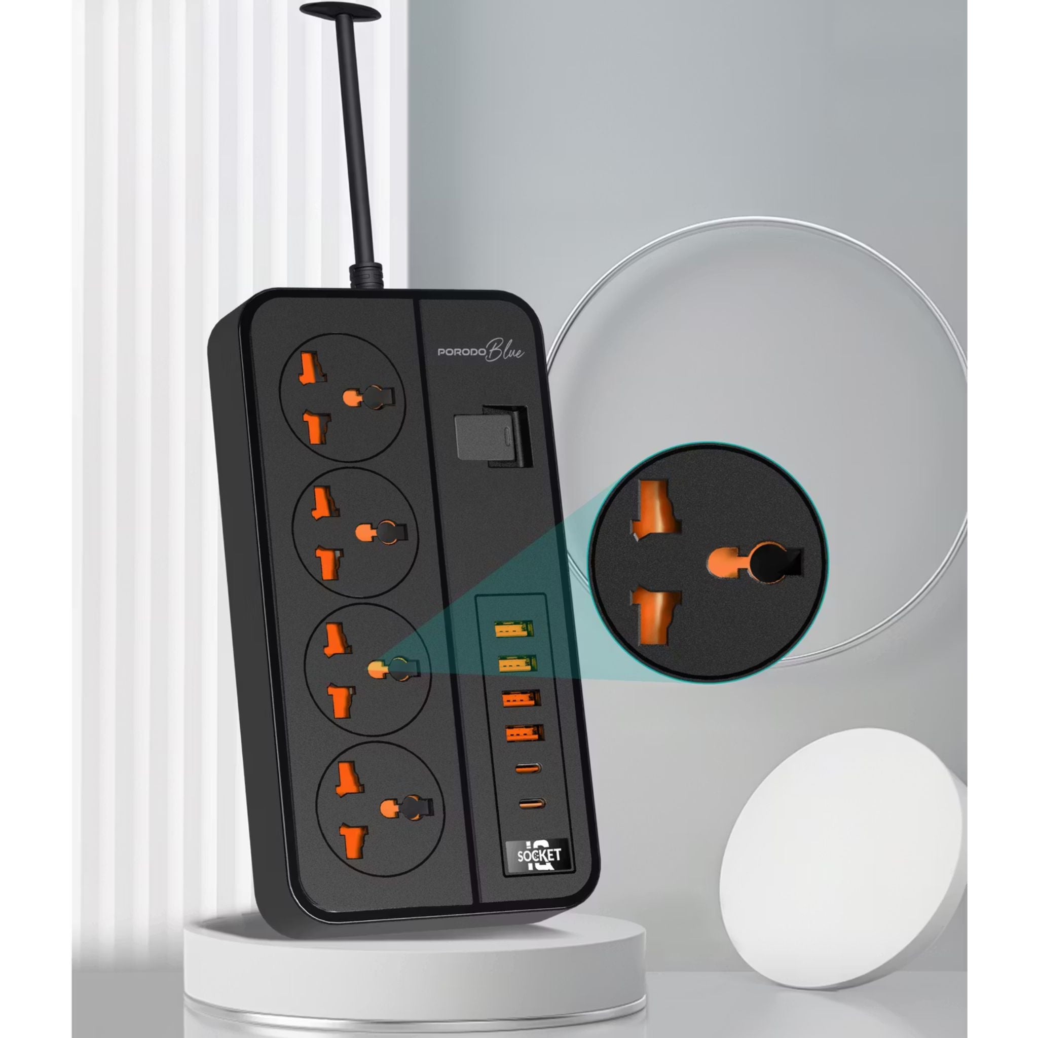 Porodo 4 AC Universal Power Strip with ×4 USB-A & ×2 USB-C Ports, 3000W Rated Power, 3m Cable Length, UK 3-Pin Power Plug, Premium Materials, Safety Shutters - Black