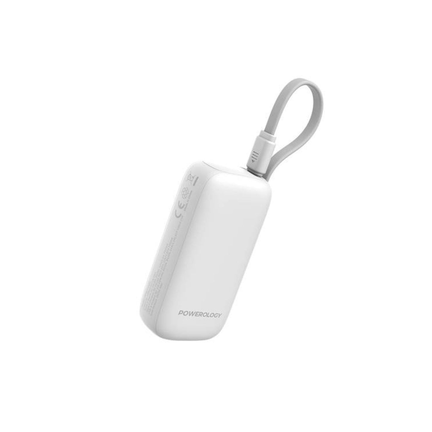 Powerology 5000mAh Power Bank with Removable USB-C Wire, Advanced Charging Technology, 2-Device Charging, Compact & Portable, Built-in Safeguards, 20W Power Delivery - White