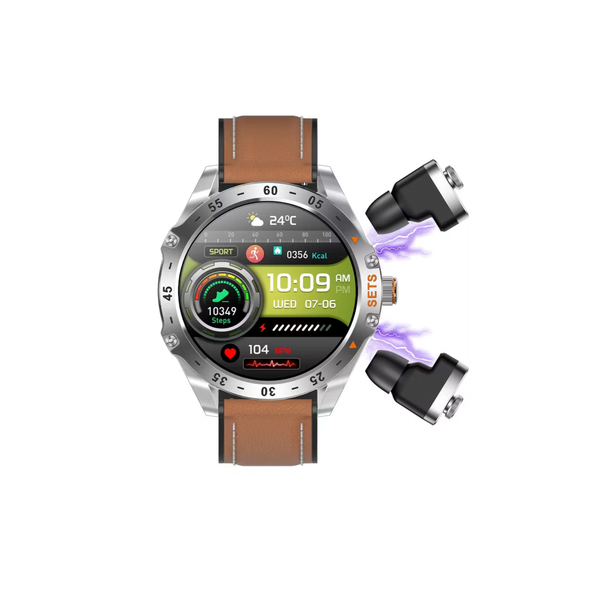 Porodo Hype Smart Watch with Wireless Earbuds and Brown Leather Band, Compatible with Android 5.0, iOS 10.0 and Above_Silver