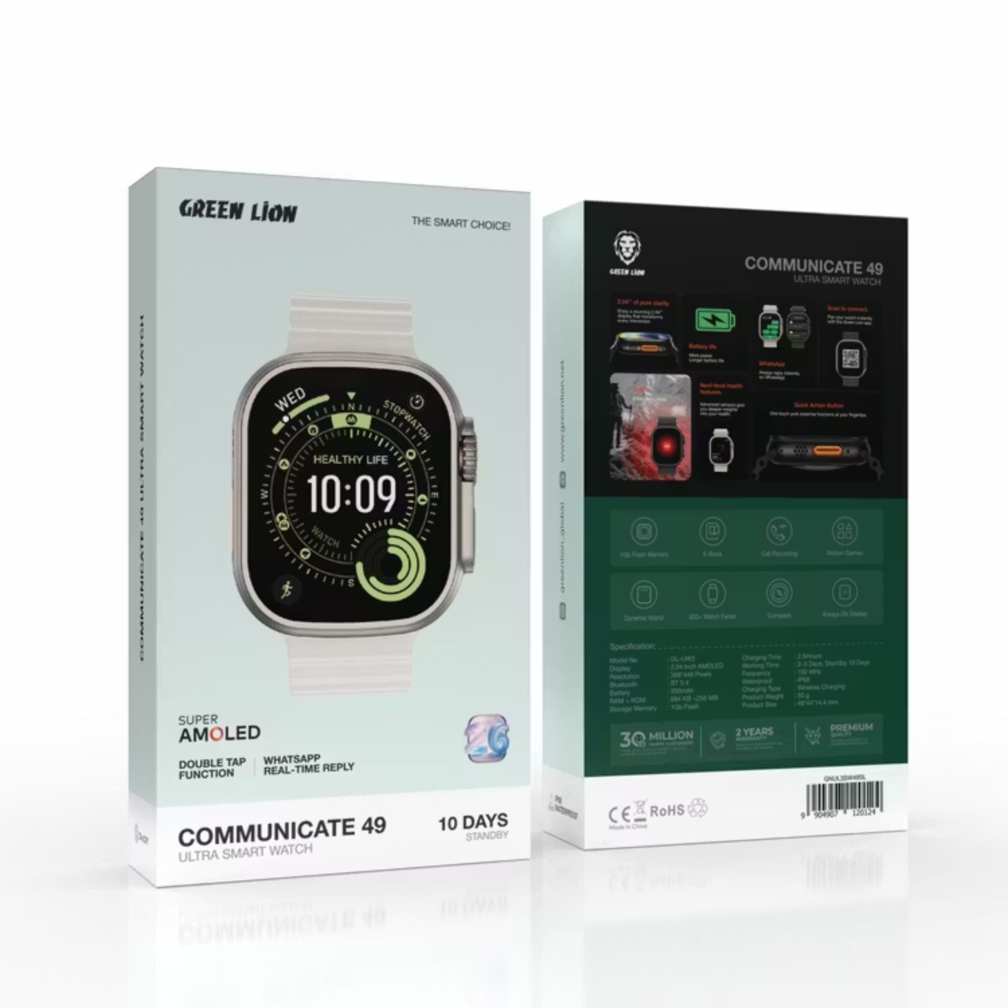 Green Lion Communicate 49mm Ultra Smartwatch, 2.04” AMOLED Display, 350mAh Battery, 2–3 Days Use, 10-Day Standby, Bluetooth 5.4, 1GB Flash, 3ATM Waterproof, Wireless Charging, Double Tap, Dynamic Island, Always-On Display, 500+ Watch Faces- Silver